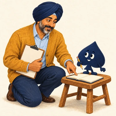 Harjit kneels beside a reading stool and points to a blank notebook while the navy spade holds a pencil.
