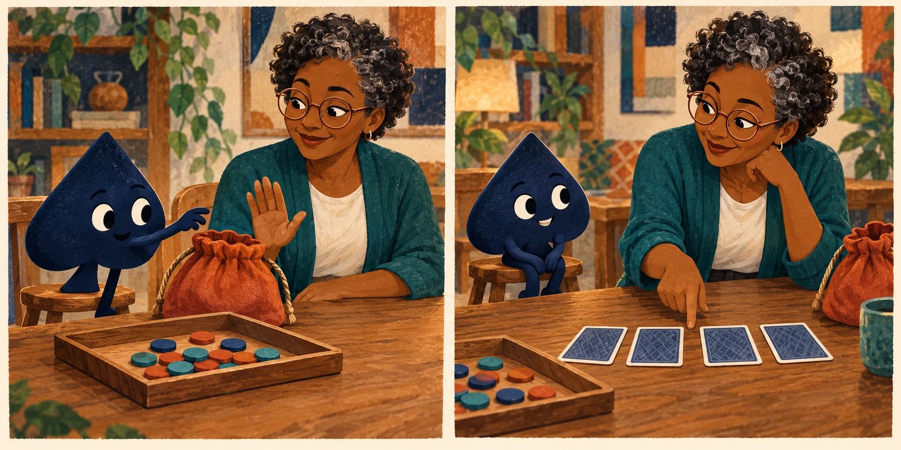 In a two-panel teaching scene, Ada stops the spade reaching for more counters, then points it back toward the cards.