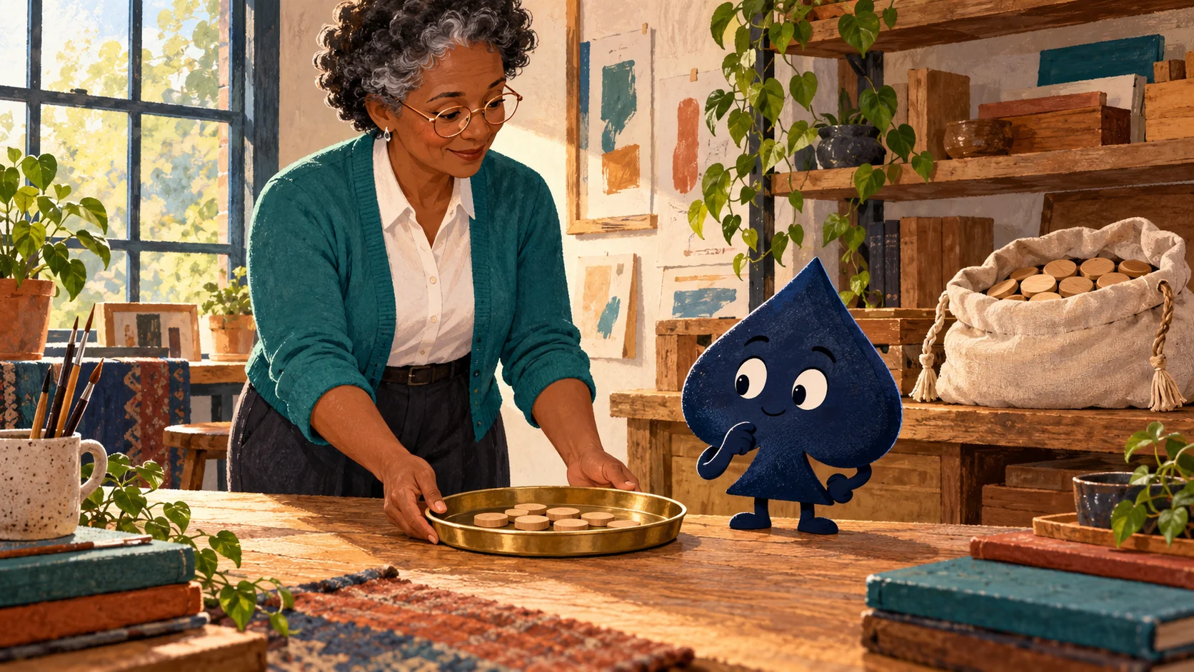 Ada places a shallow brass tray on a workbench while the navy spade looks toward a larger pouch of counters behind it.