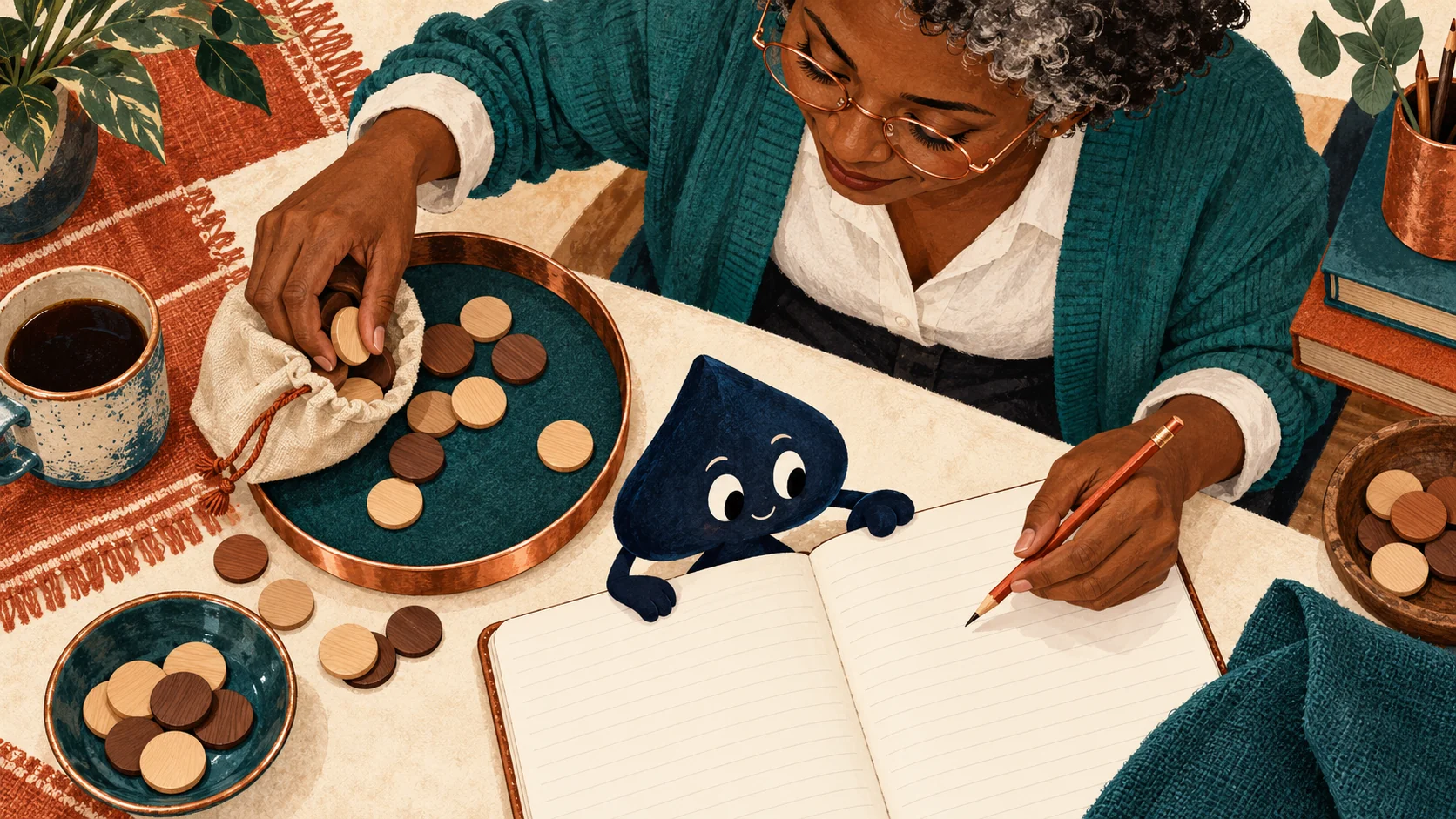 An overhead view of Ada and the navy spade checking a blank notebook beside a tray of plain wooden counters.
