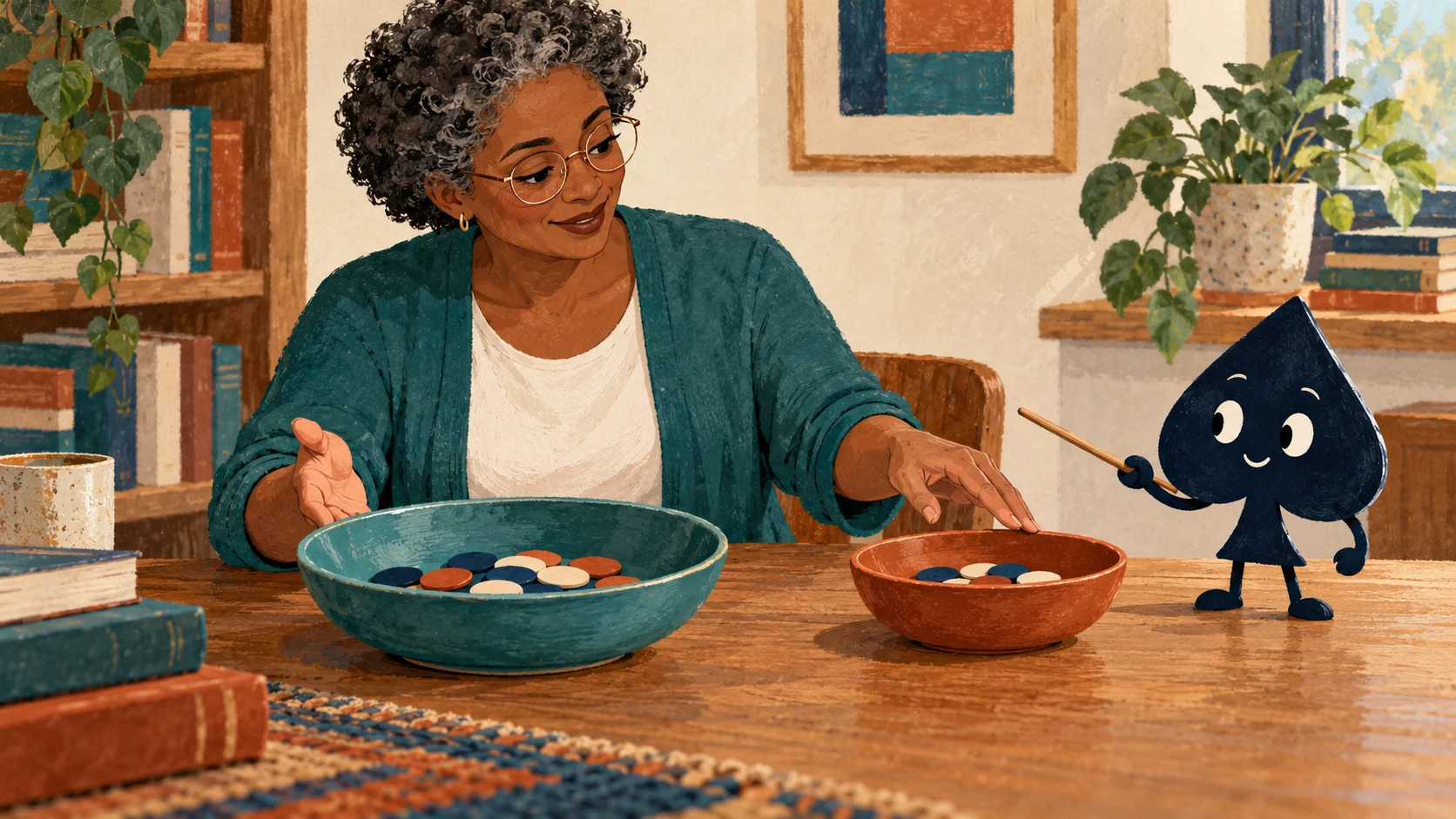 Ada separates a broad teal bowl and a smaller rust bowl as the navy spade follows with a wooden pointer.