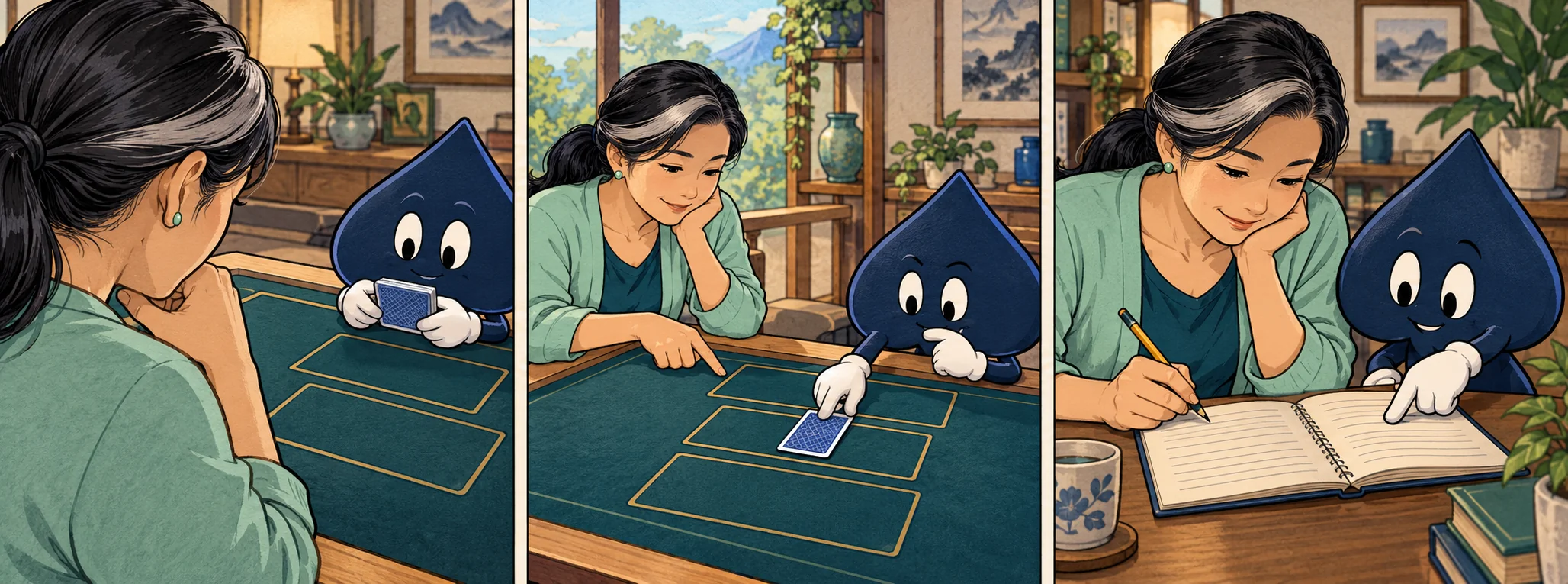 Three comic panels show Sora and the spade planning a private setting, moving one card before confirmation, and checking a notebook together.