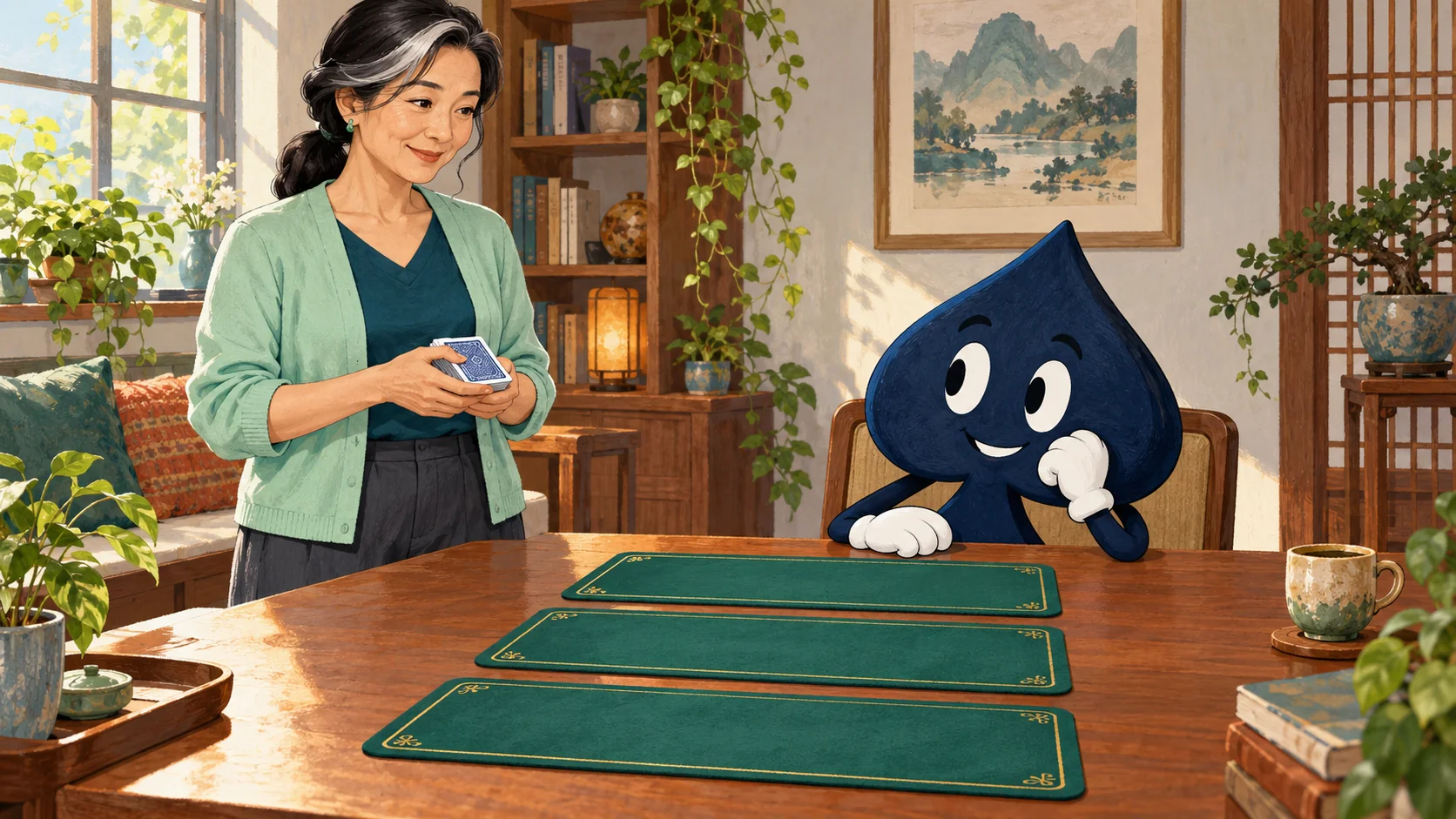 Sora, a teacher with a silver streak in her dark ponytail, holds a closed packet of cards beside the navy spade and three empty setting mats.