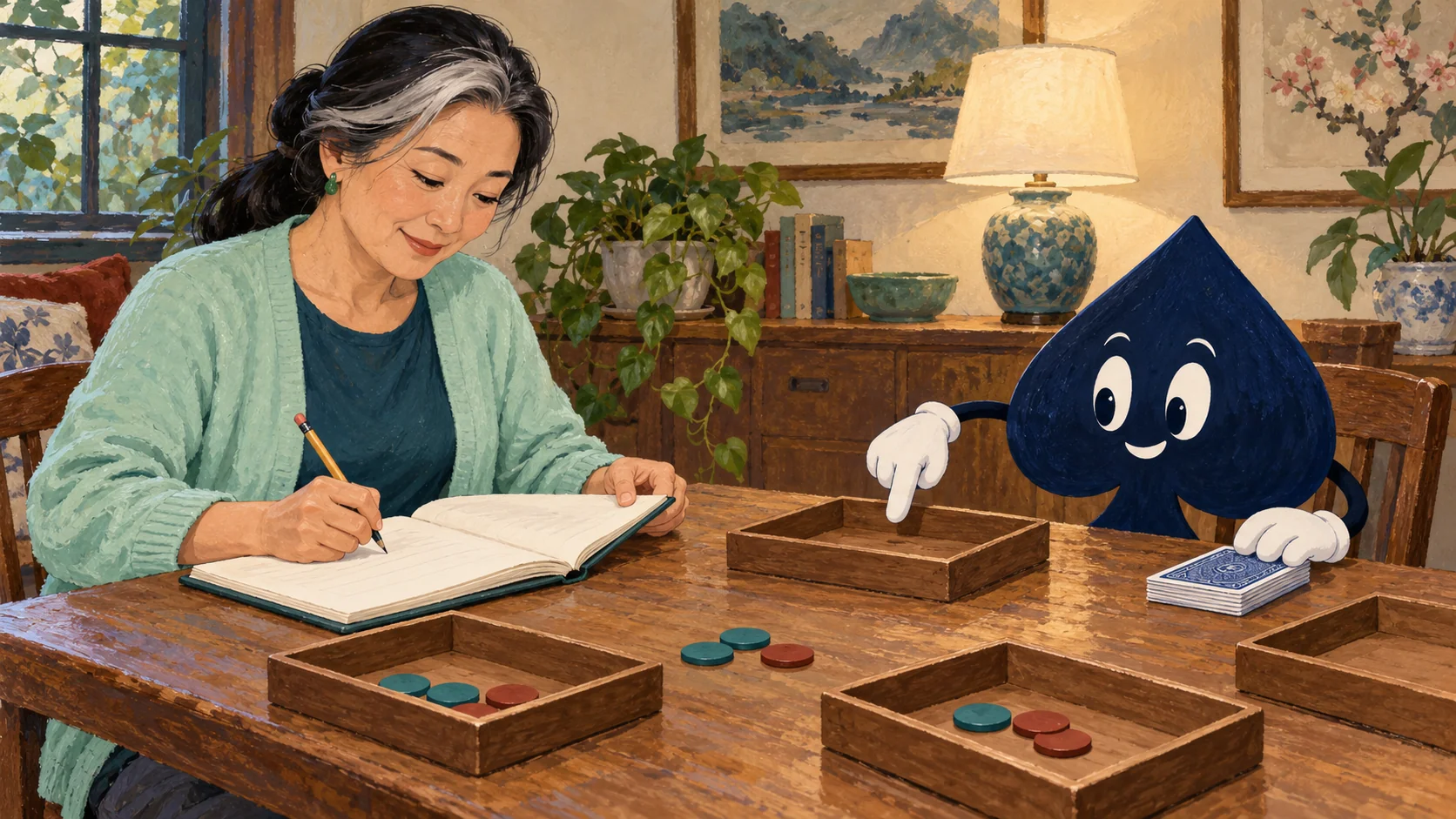 Sora writes in a notebook while the navy spade points toward an empty tray among separate practice-counter trays.
