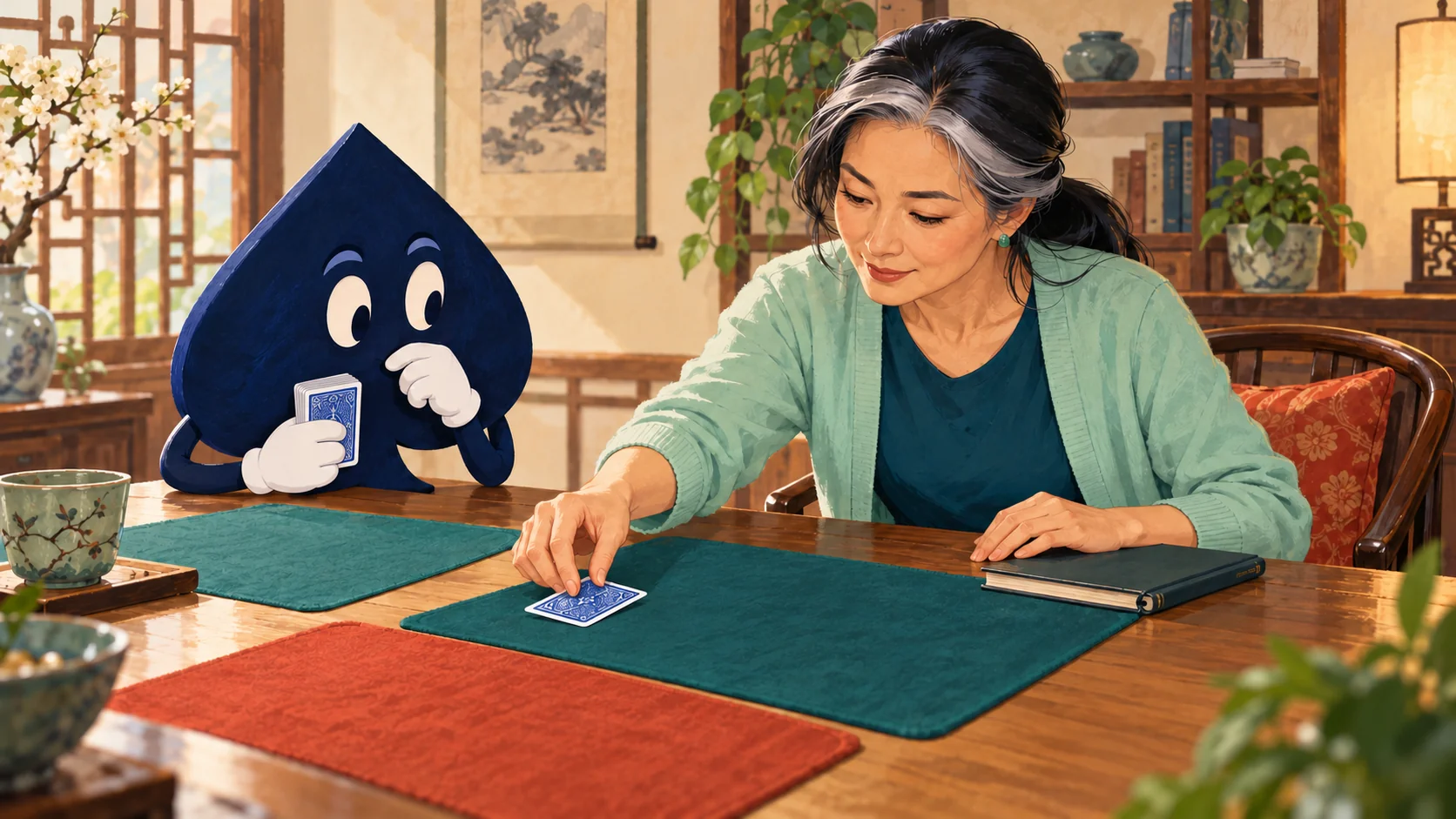 Sora moves a single blue-backed card beside mostly empty setting mats while the navy spade holds a closed packet of cards.