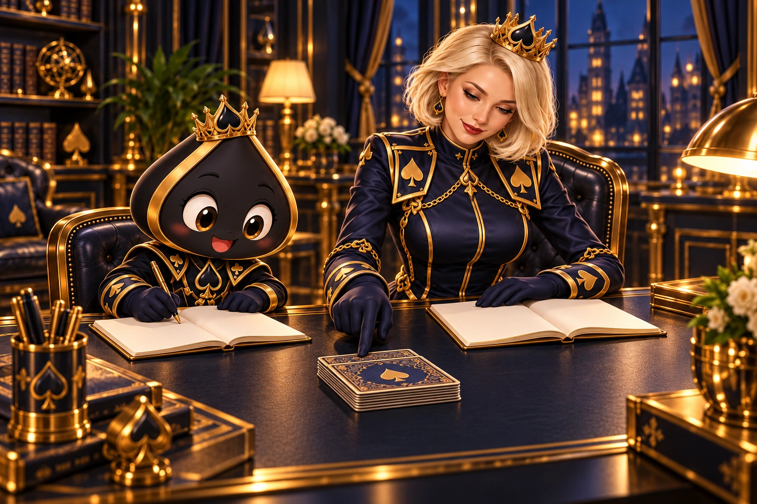 Aurora and Ace the HPD spade review two blank notebooks beside face-down cards.