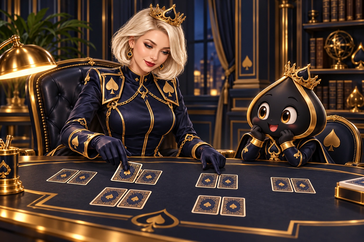Aurora shows Ace the HPD spade groups of face-down card pairs at a study desk.
