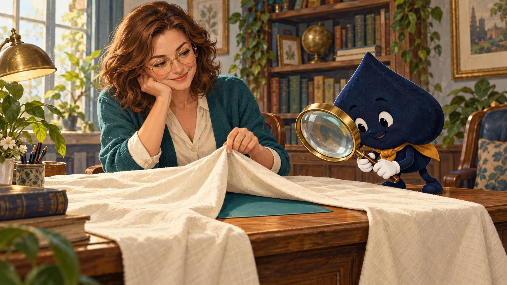 Mara lifts a cloth while the navy HPD spade inspects the partly revealed desk through a magnifying glass.