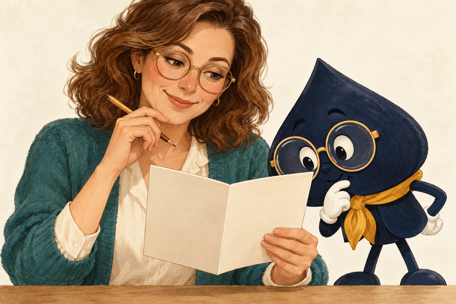 Mara and the navy HPD spade study a blank folded card, with the spade wearing oversized reading glasses.