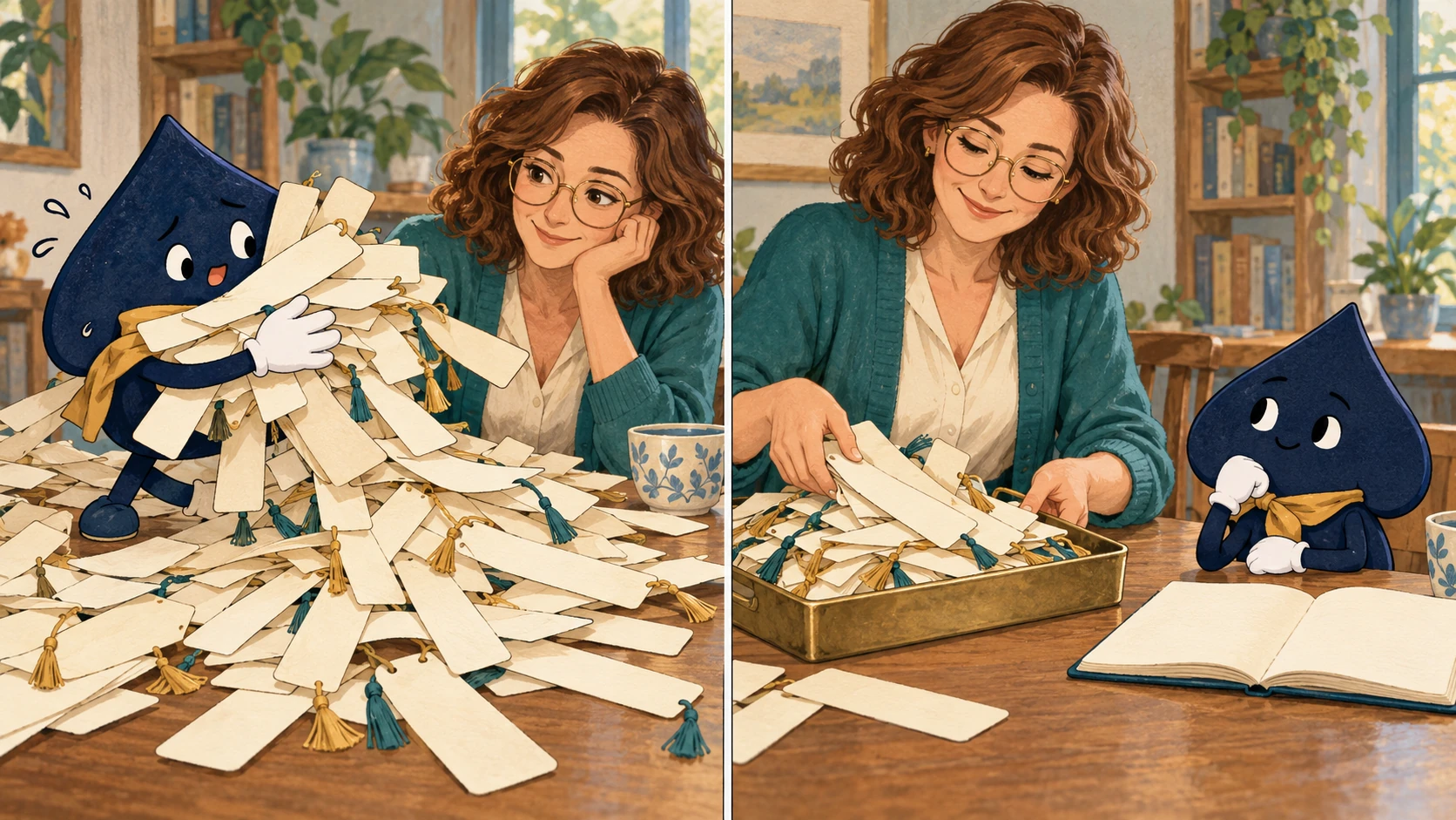 In a two-panel comic, the HPD spade struggles with a heap of bookmarks before Mara helps clear a tray and open a notebook.
