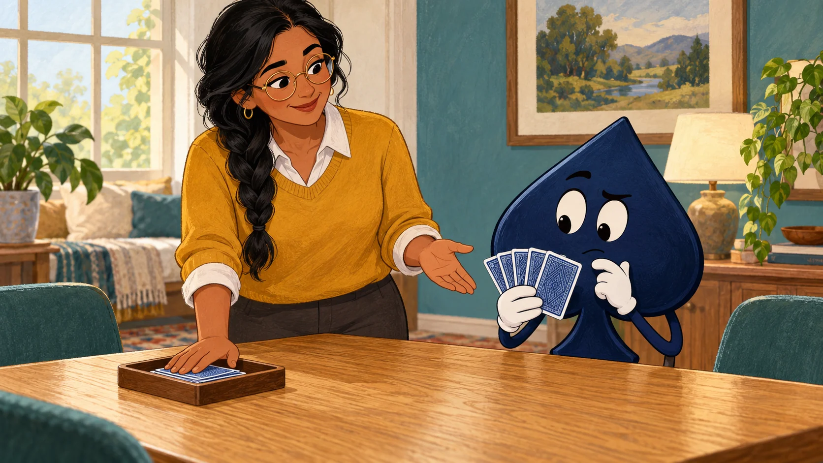 Leila stands beside the practice table with a hand over the discard tray while the navy spade studies a private fan of blue-backed cards.
