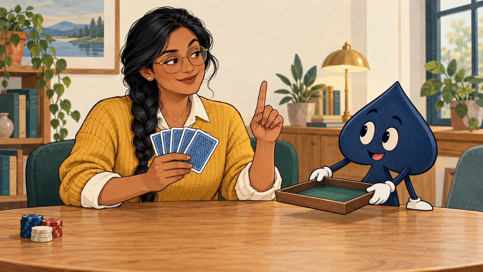 Leila, a teacher with a side braid, gold spectacles and a mustard sweater, raises one finger beside the navy spade holding an empty discard tray.