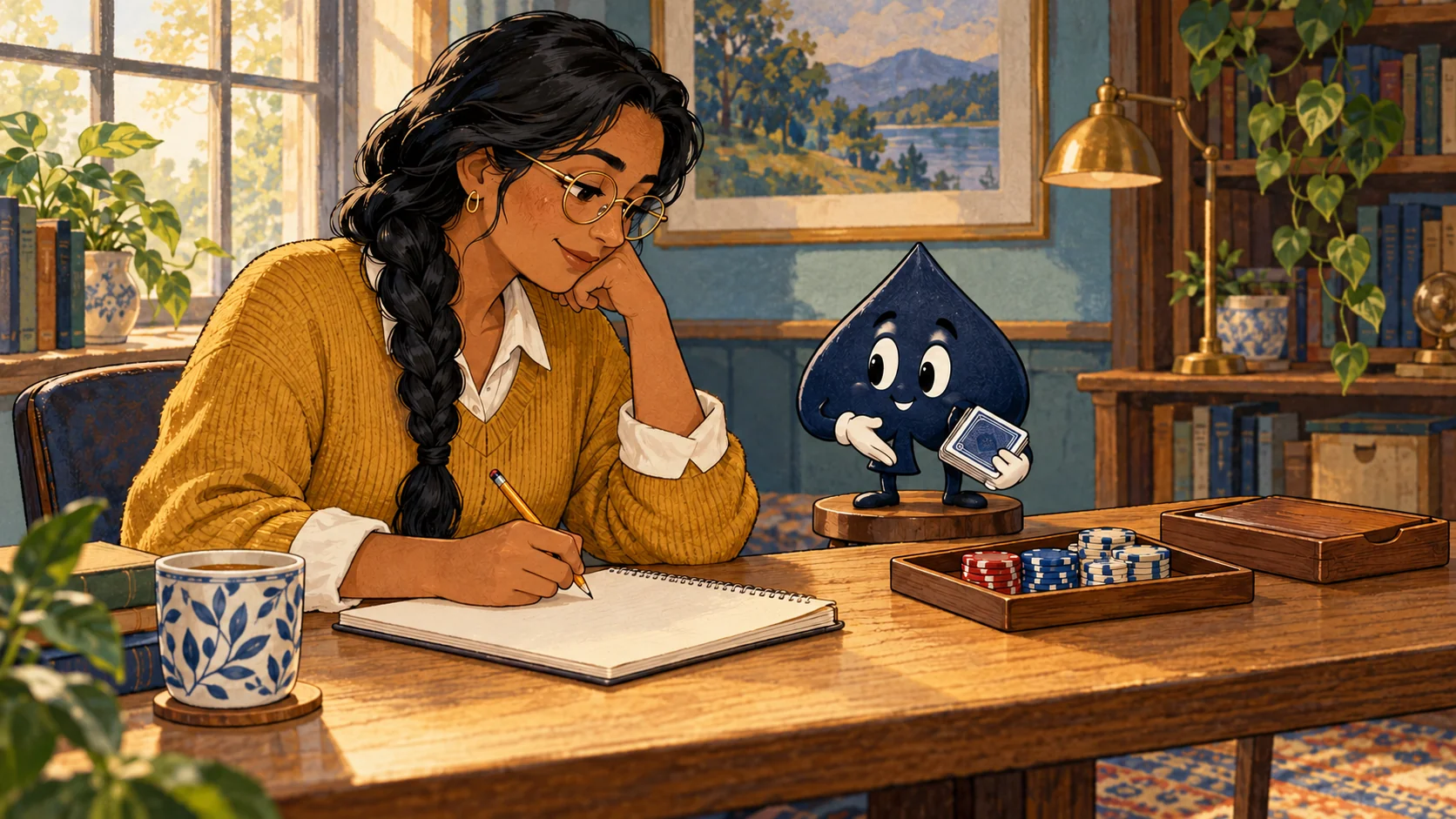 Leila writes in a practice notebook while the navy spade holds a blue-backed deck beside a tray of chips.