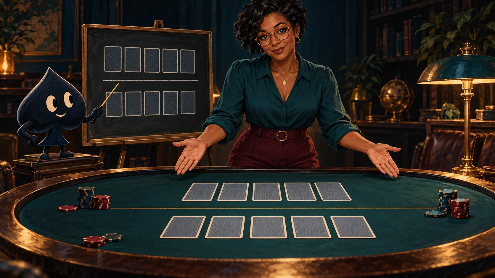 Nia, a teacher in a teal blouse and copper spectacles, presents two separate card lanes beside Ace the HPD spade.