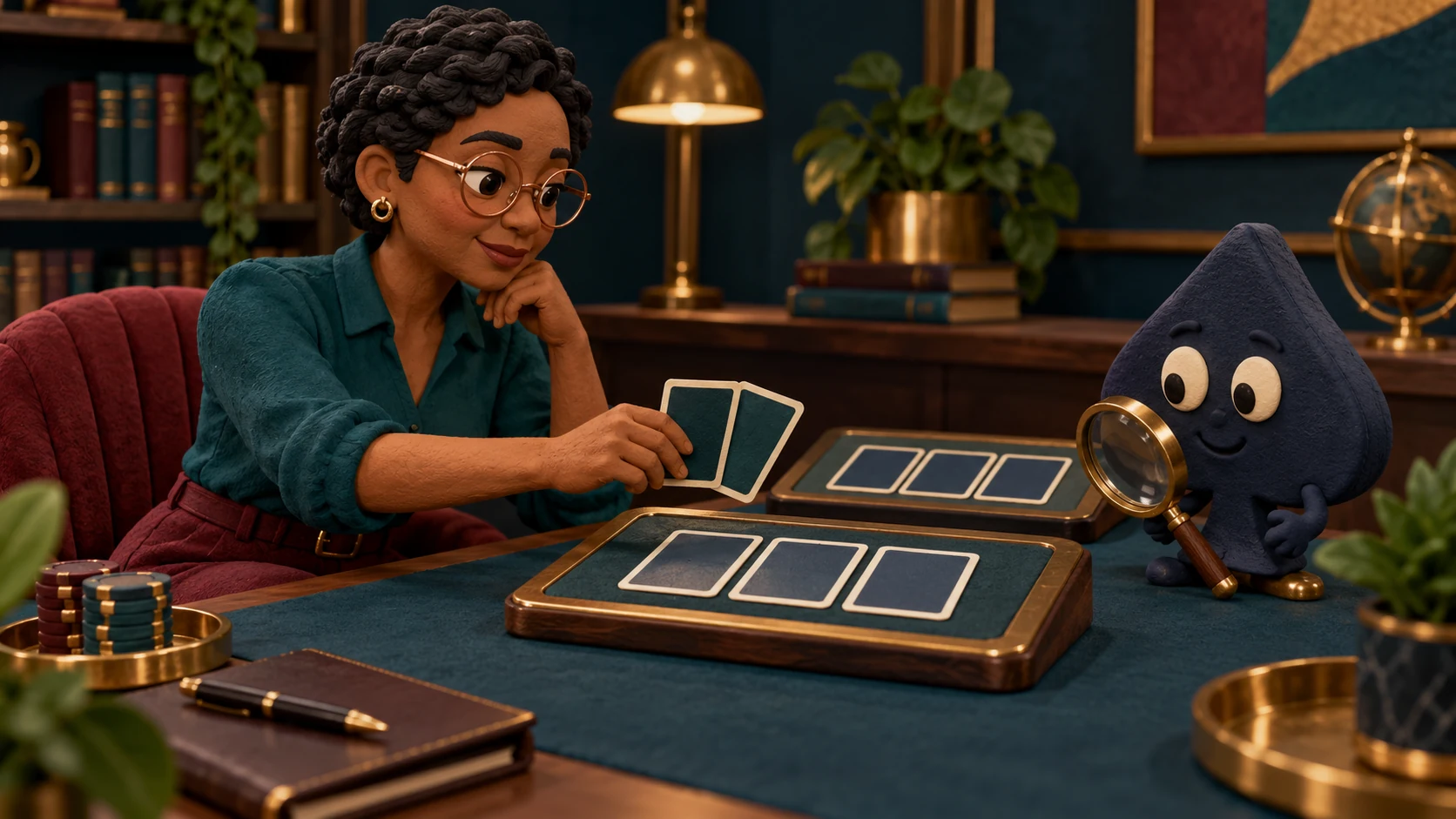 Clay-style Nia holds two blank-backed cards beside a three-card tray while Ace the HPD spade studies the table with a magnifying glass.