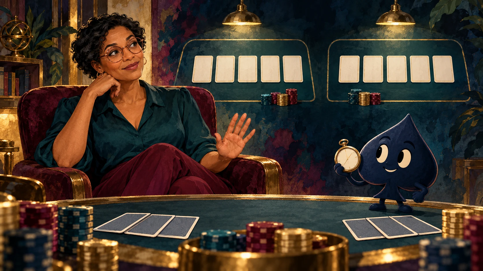 Ink-and-watercolor Nia pauses with one hand raised as Ace the HPD spade holds a stopwatch beside two card lanes.