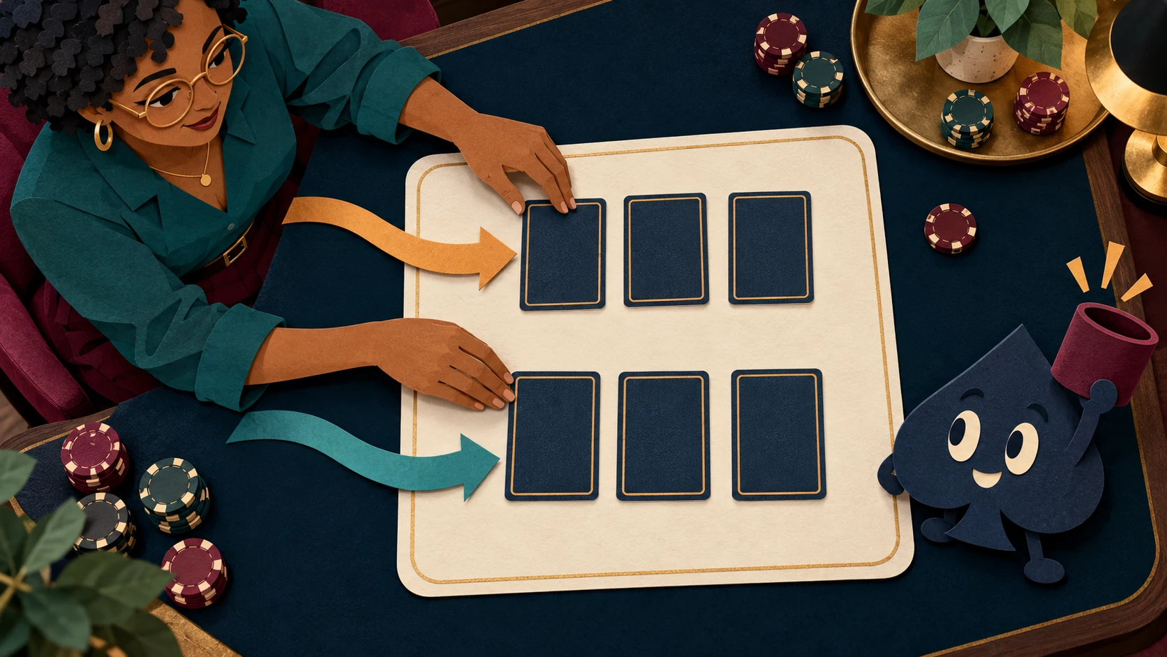 Overhead paper-collage scene of Nia arranging two three-card lanes while Ace the HPD spade lifts a chip cup.
