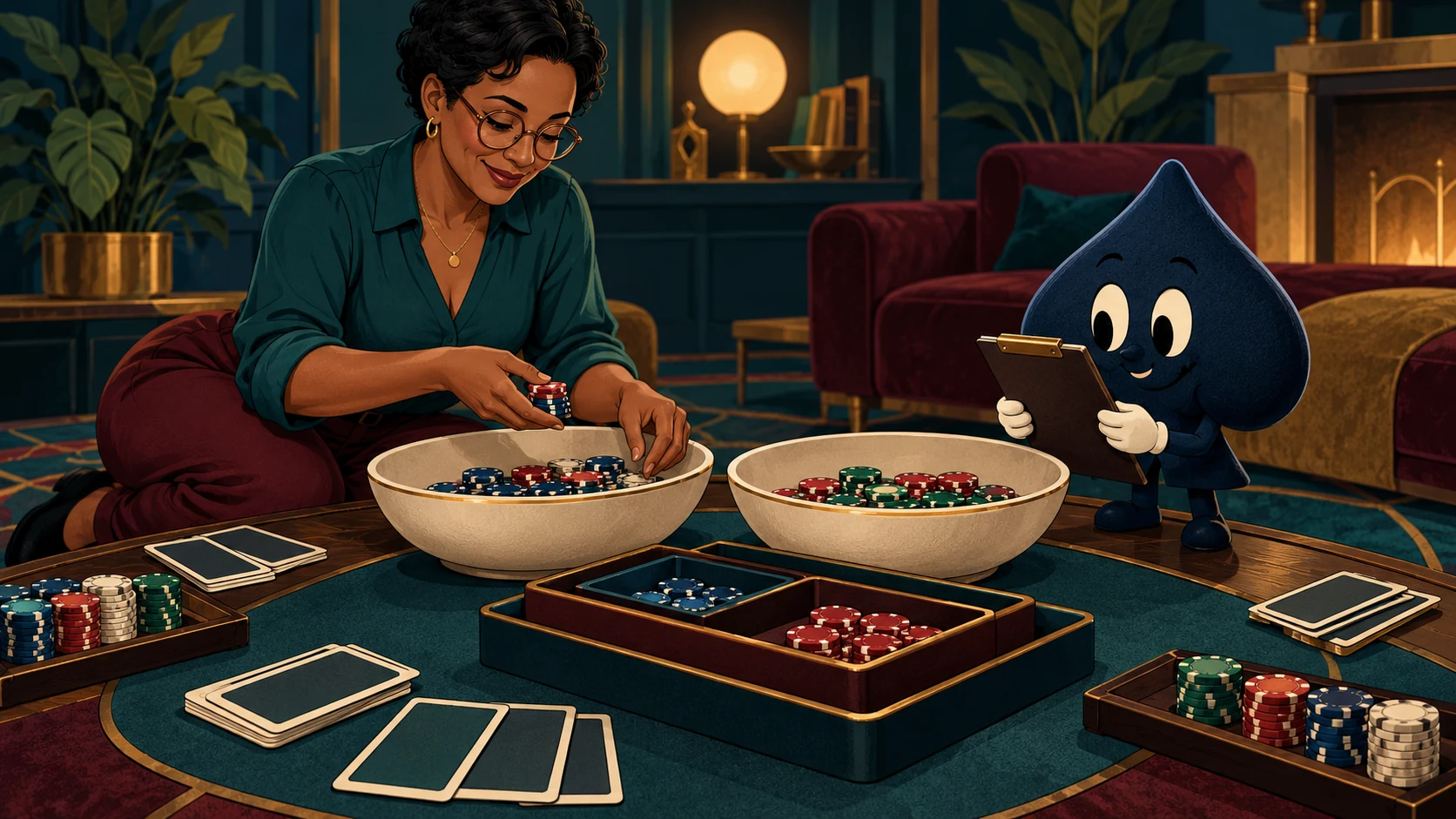 Nia sorts practice chips into separate bowls while Ace the HPD spade checks a clipboard beside nested pot trays.