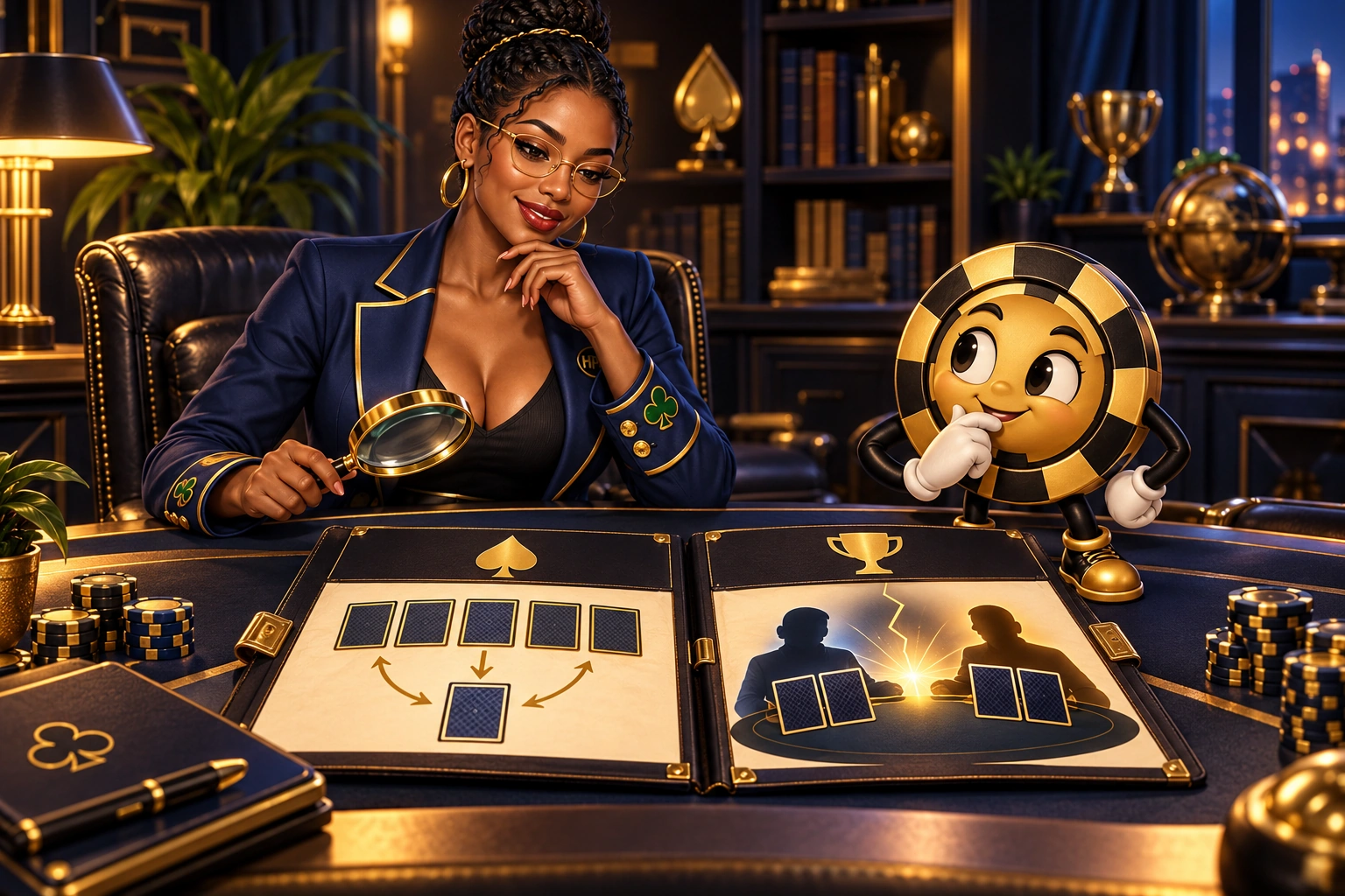 Amina and Ace the HPD spade compare a card-draw folder with an unresolved showdown folder.
