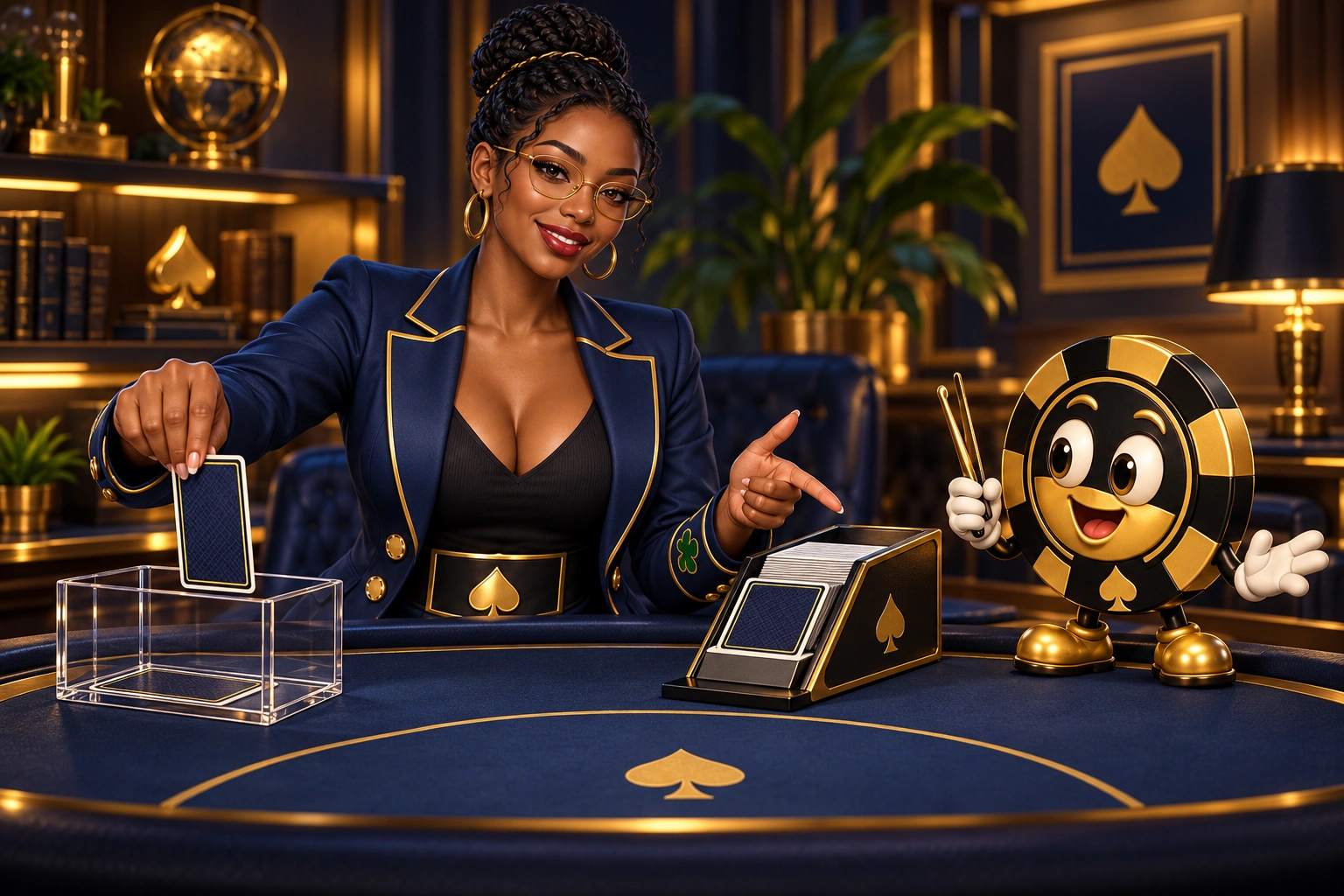 Amina removes a blank-backed card from a shoe while Ace the HPD spade studies the remaining cards.