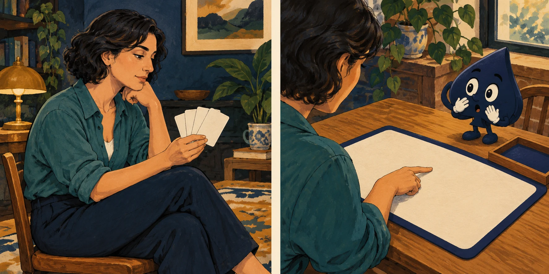 In a two-panel painted scene, a HPD teacher studies her cards and then points to a blank teaching mat for Ace the HPD spade.