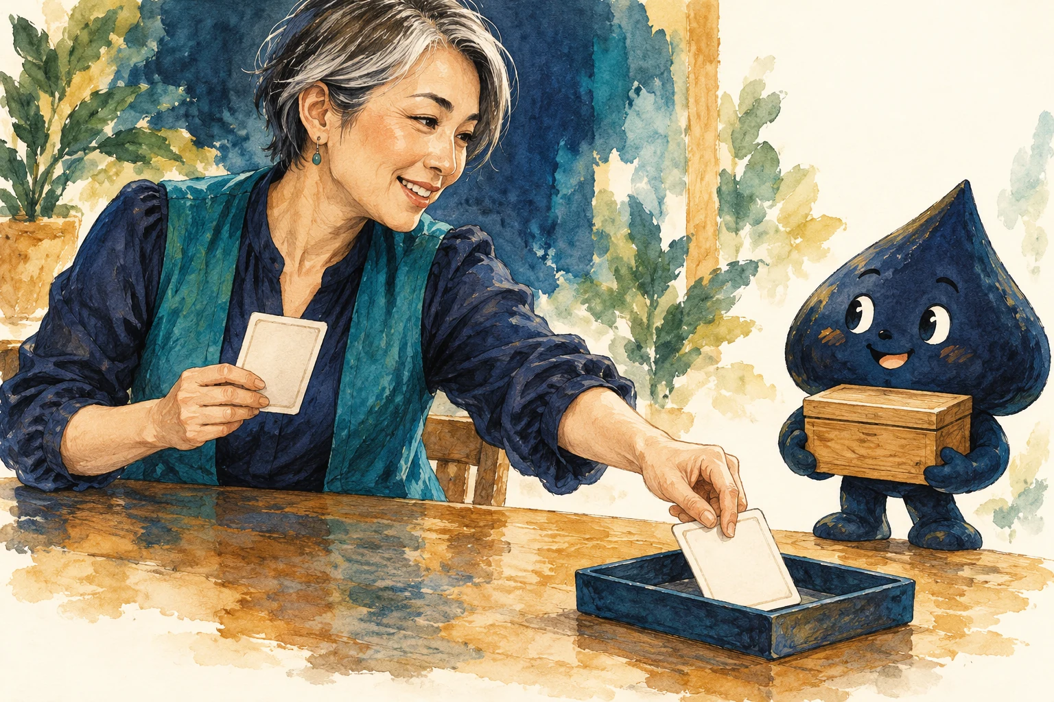 An HPD teacher places a blank-backed card in a discard tray while Ace the HPD spade holds a wooden box.