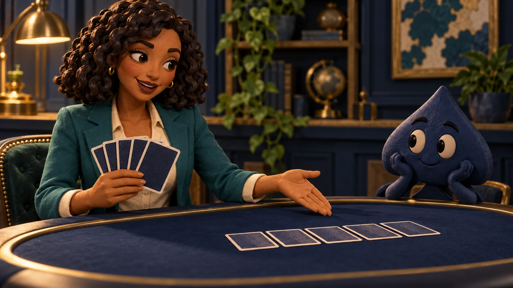 An HPD teacher in a teal blazer gestures between the cards in her hand and a table while Ace the HPD spade watches.