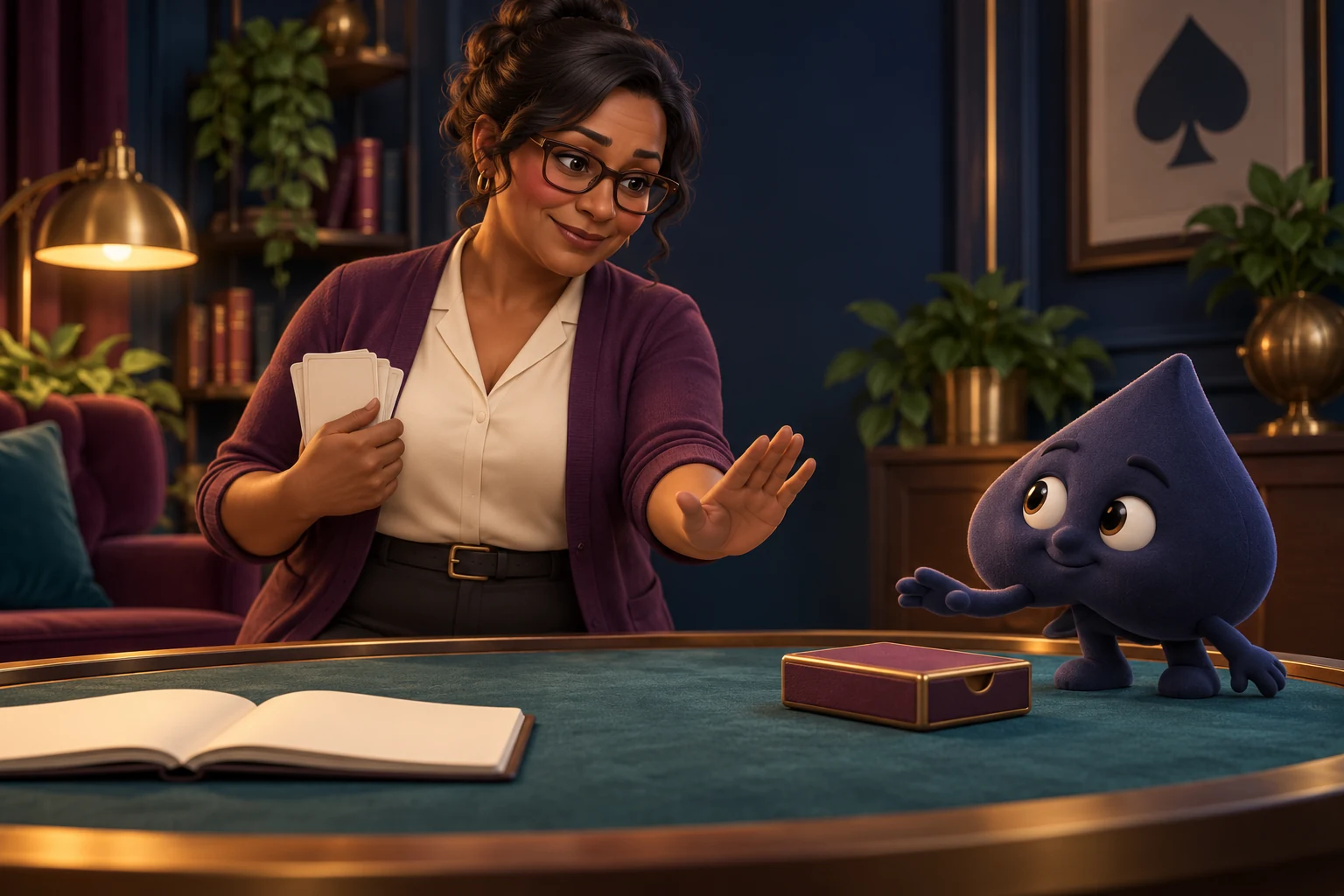 An HPD teacher with glasses raises a pause gesture while Ace the HPD spade reaches toward a closed card box.