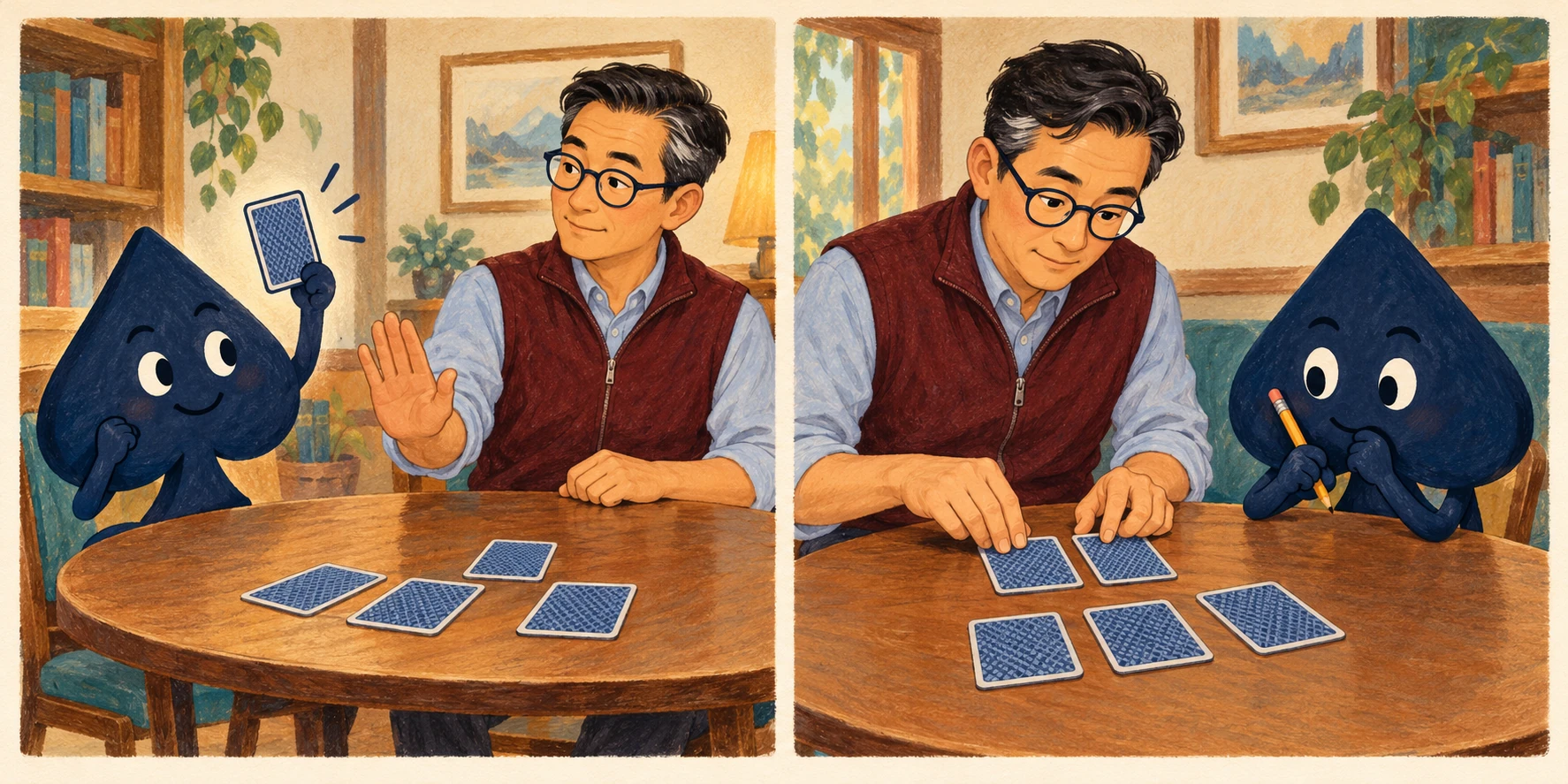 In a two-panel comic, the navy spade raises one card back, Jun pauses it with an open palm, then Jun places two card backs beside other cards for a closer look.