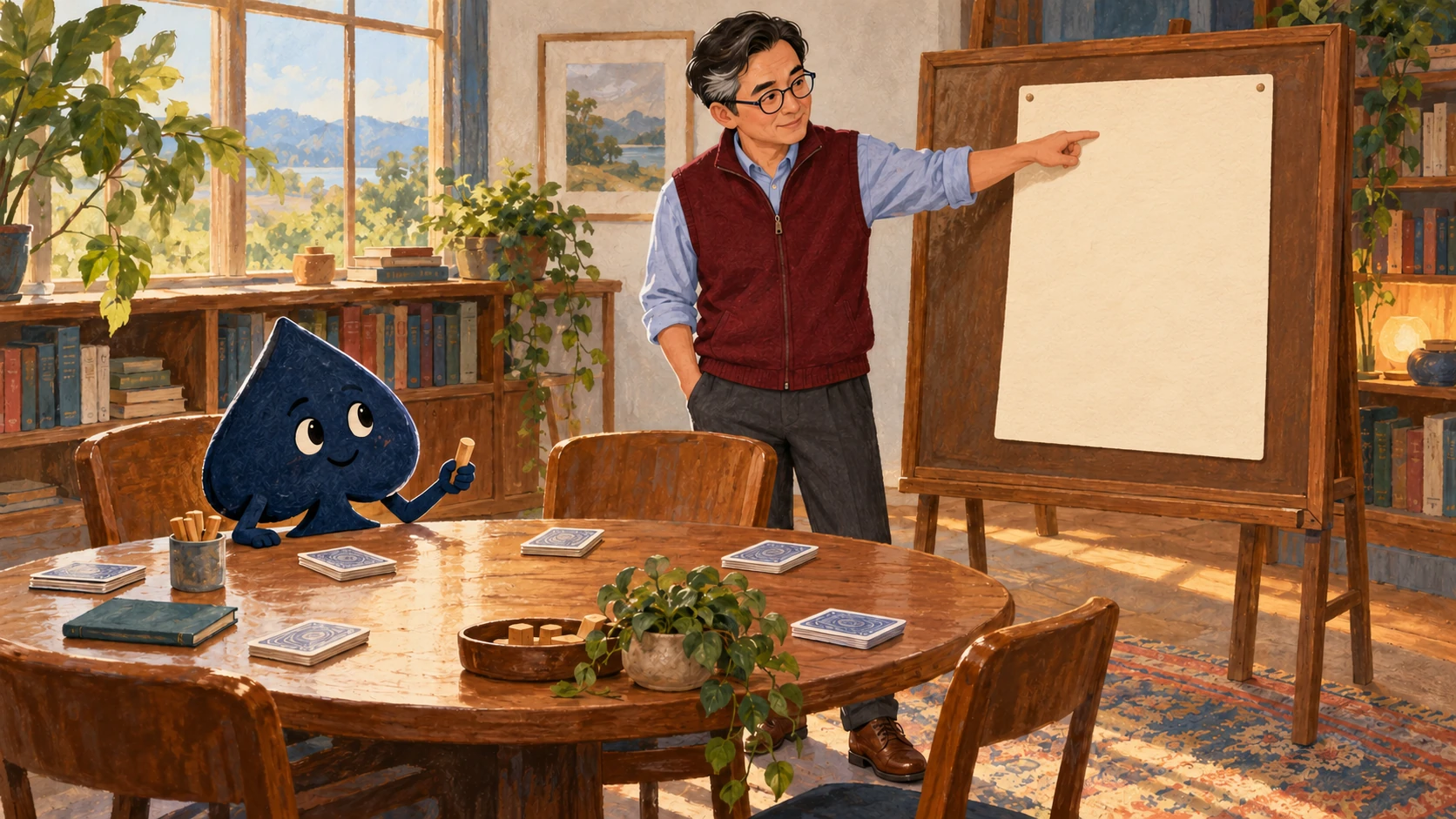 Jun, a East Asian teacher with silver-streaked hair, glasses and a burgundy vest, points to a blank reminder sheet while the navy spade waits at a study table.