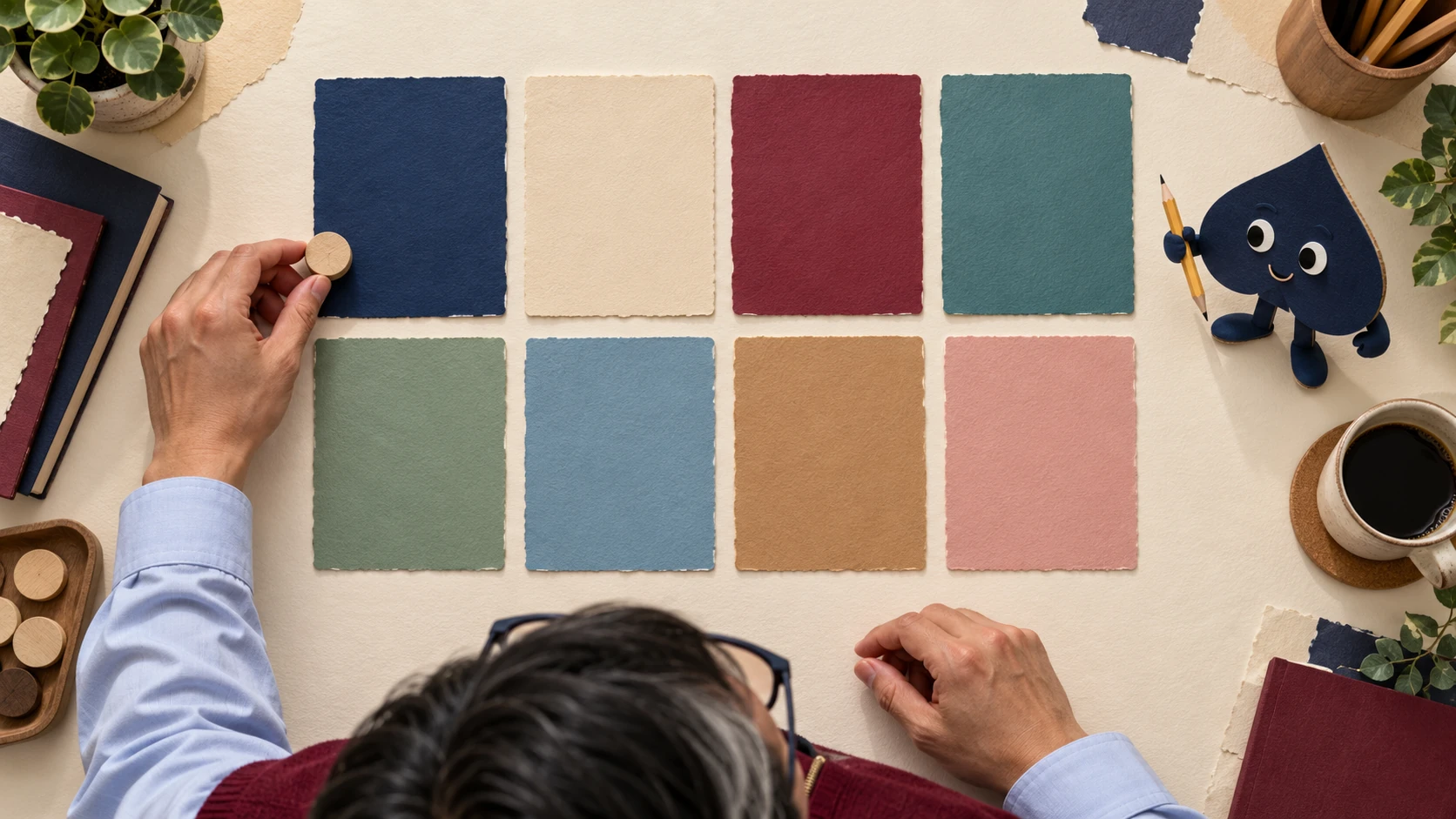 An overhead paper-collage study desk with eight blank tiles in two rows, the teacher's hands moving a marker and a small navy spade holding a pencil.