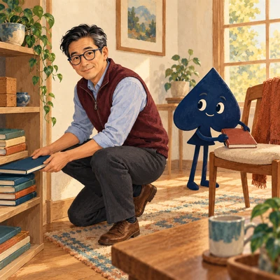 Jun kneels beside a low bookshelf with a notebook while the navy spade saves an empty chair with a second notebook.