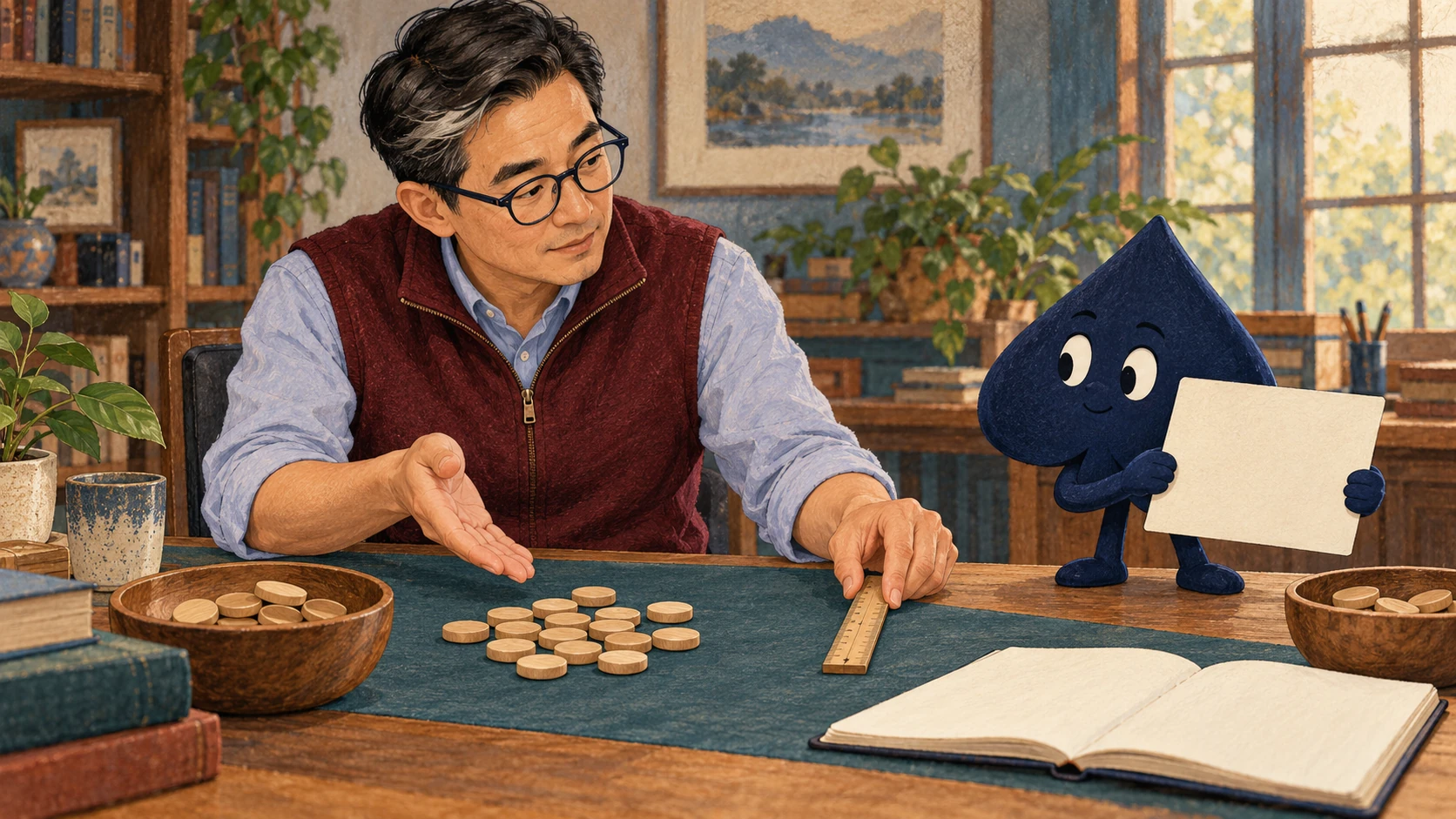 Jun sits beside wooden counters and moves a ruler while the navy spade holds a blank note card, ready to record the new betting terms.