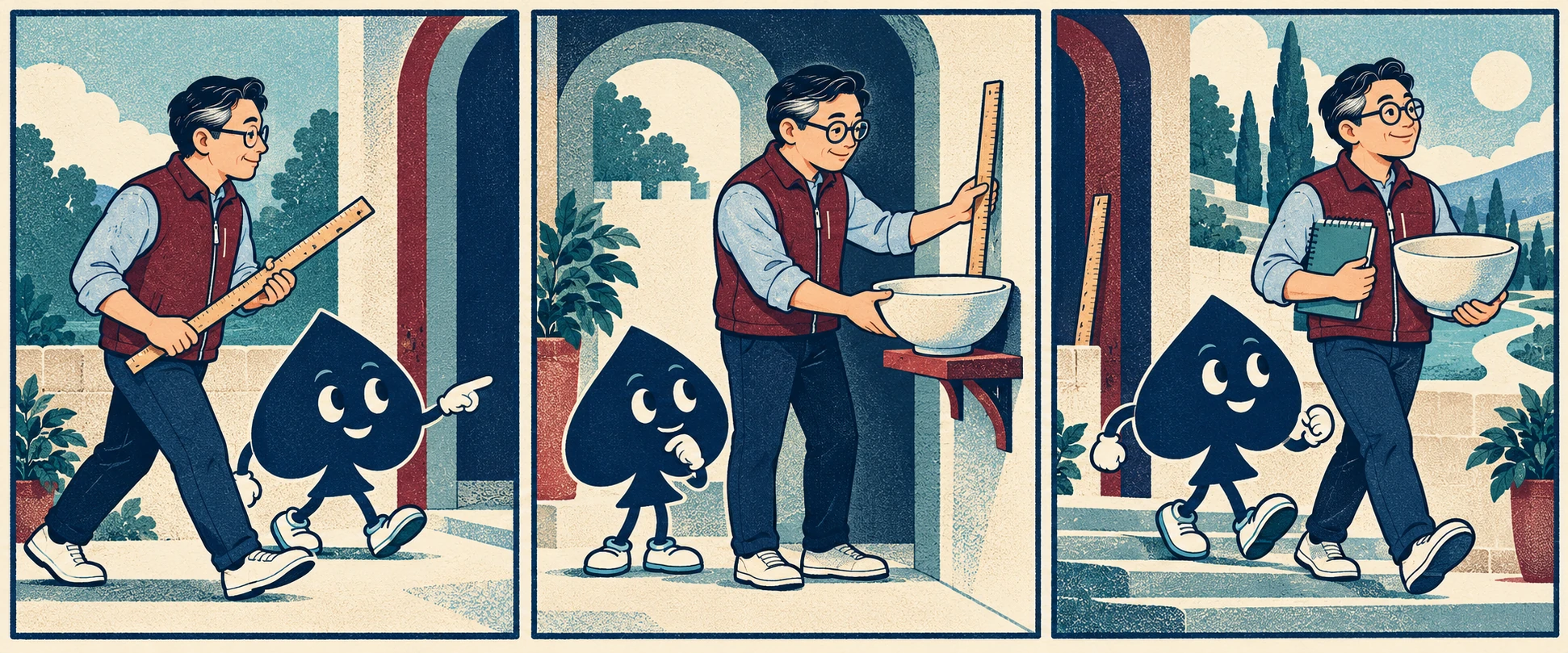 A three-panel risograph comic shows Jun and the navy spade walking through a doorway, leaving a measuring stick and taking an empty bowl and notebook.