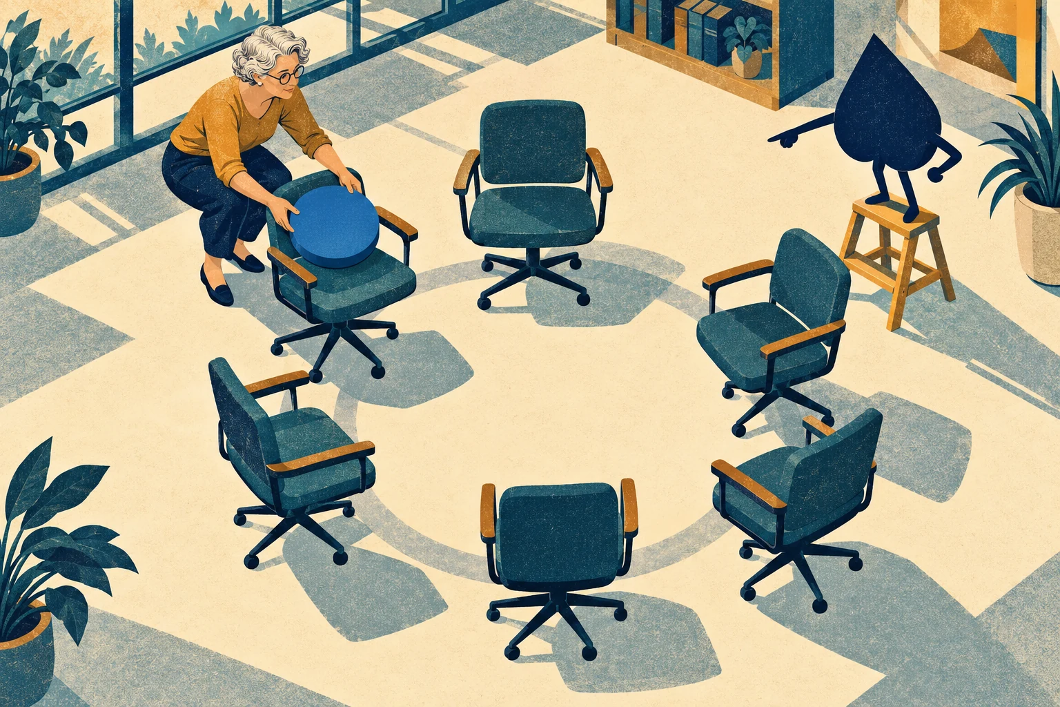 A screenprinted adult teacher moves a blue disc between six empty chairs while Ace the HPD spade points from a stool.