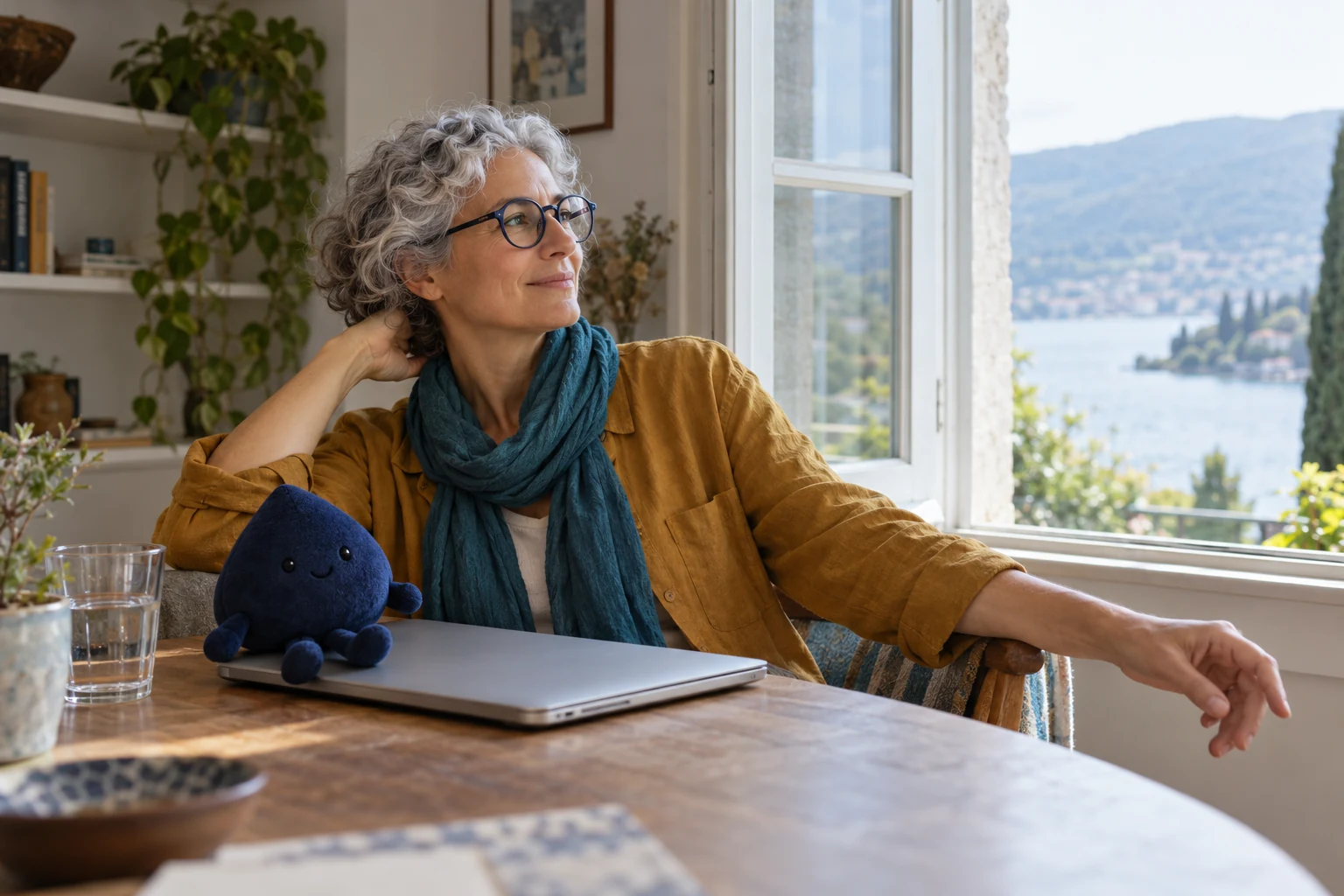 The teacher rests beside a daylight window after closing her laptop, with Ace the HPD spade sitting beside it.