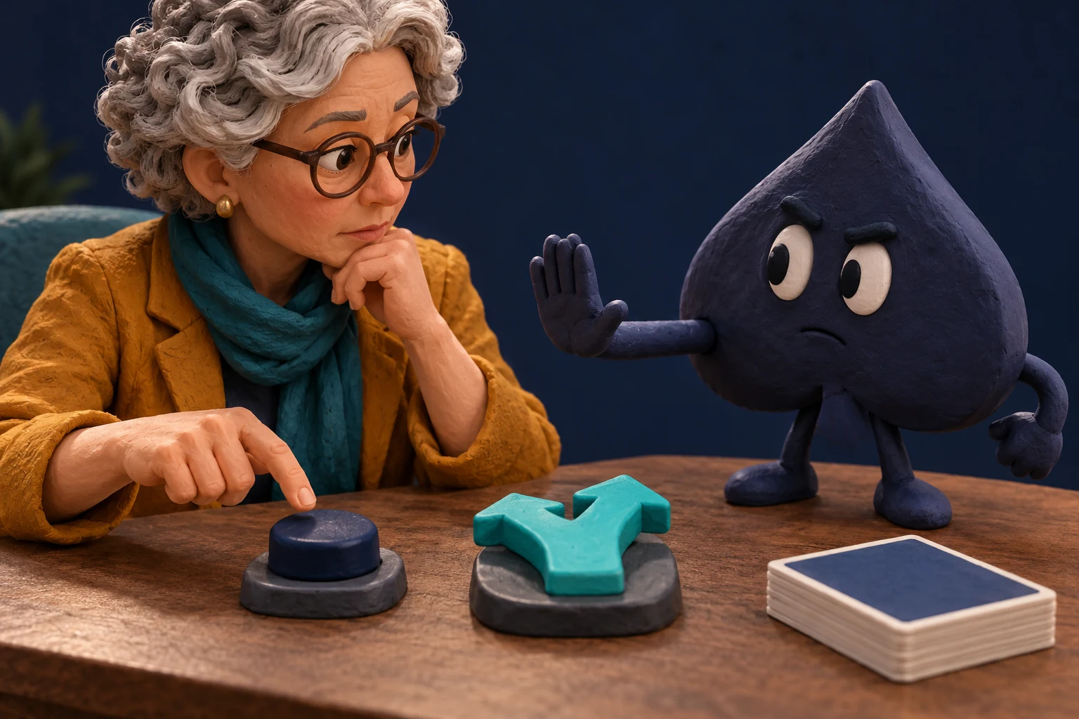 A clay-model adult teacher considers two unlabelled controls while Ace the HPD spade raises a cautioning hand.