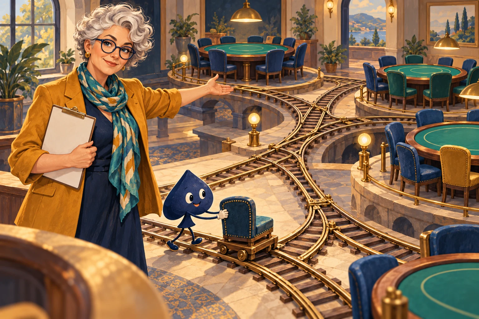 A silver-haired teacher points along miniature tracks between felt tables while Ace the HPD spade moves an empty chair.