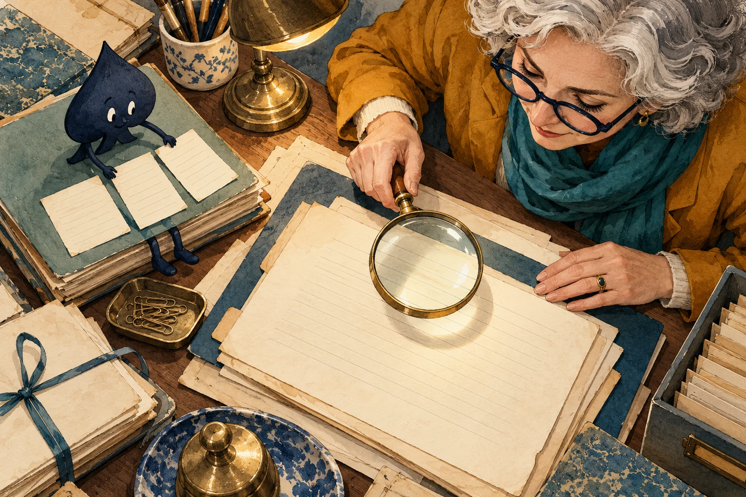 A teacher examines blank hand records with a magnifying glass while Ace the HPD spade sorts archive folders.