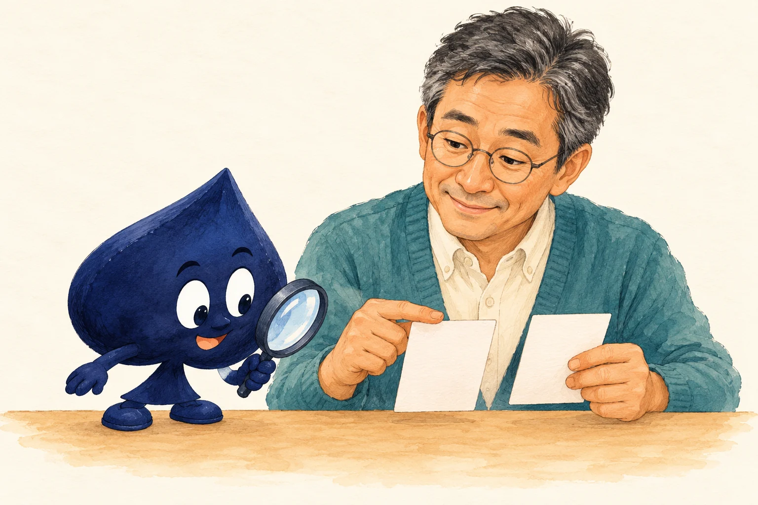 The teacher compares two paper slips while Ace the HPD spade examines them with a magnifying glass.