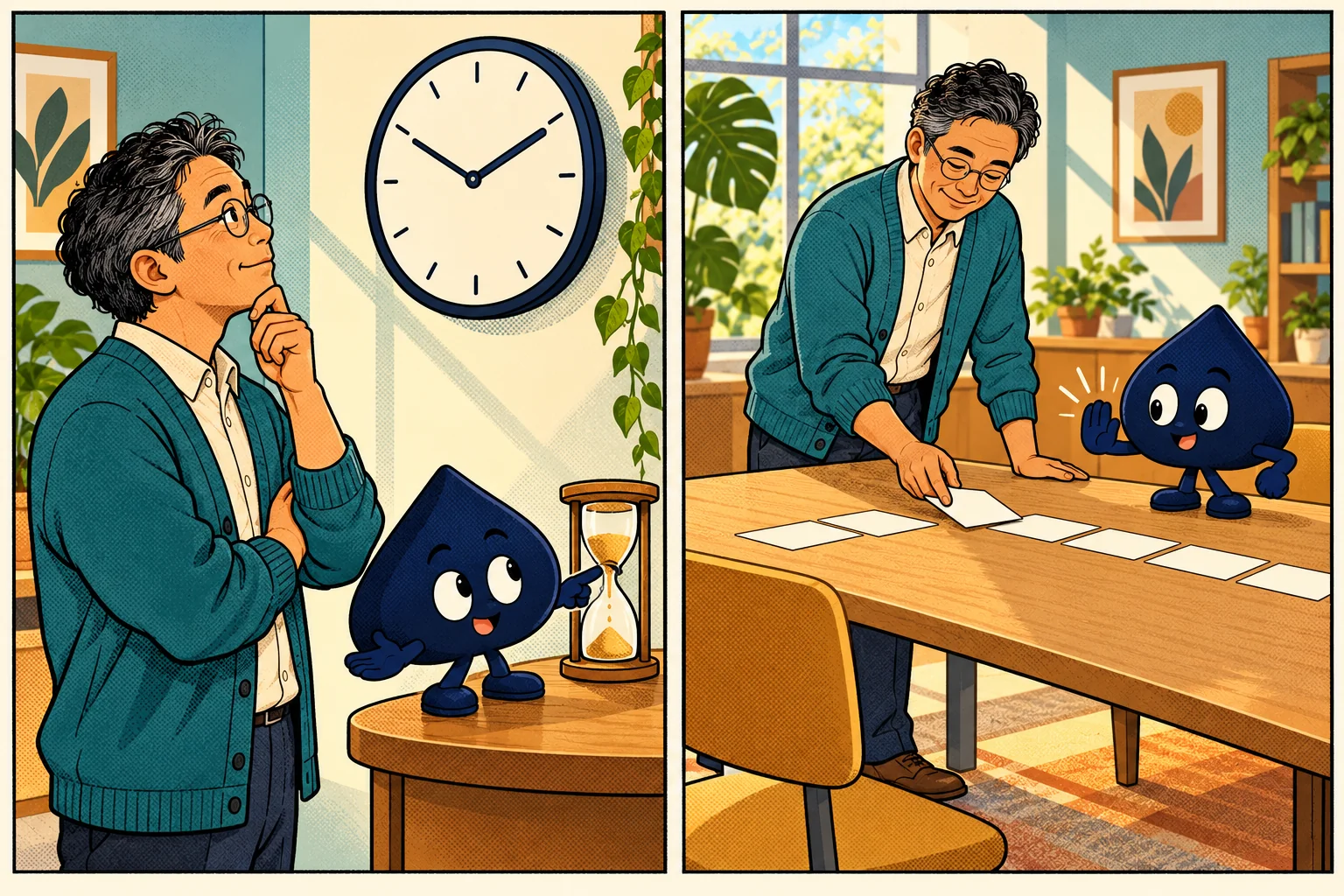 A two-panel comic shows a teacher and Ace the HPD spade considering a clock and adjusting a paper timetable.