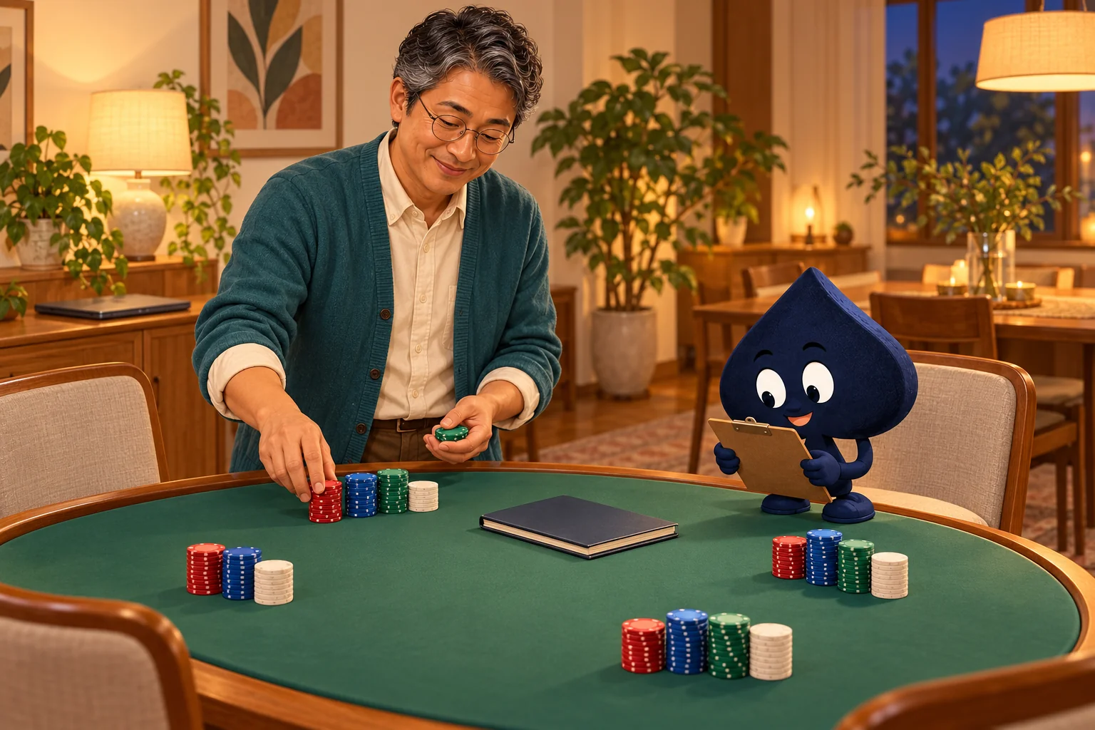 A teacher arranges chips at a home poker table while Ace the HPD spade holds a blank clipboard.