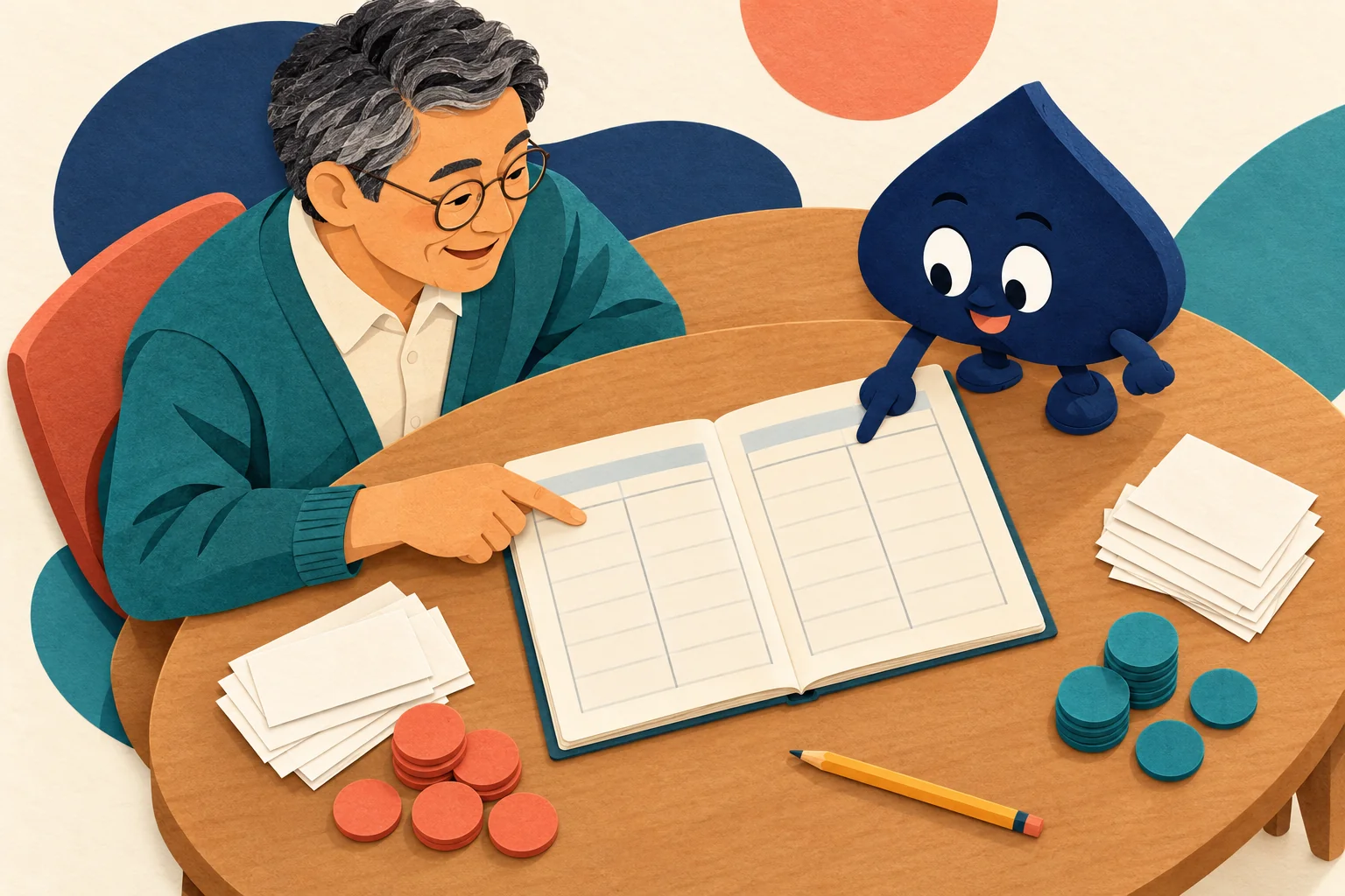 An overhead paper-collage scene shows the adult teacher and Ace the HPD spade comparing entries in a blank ledger.