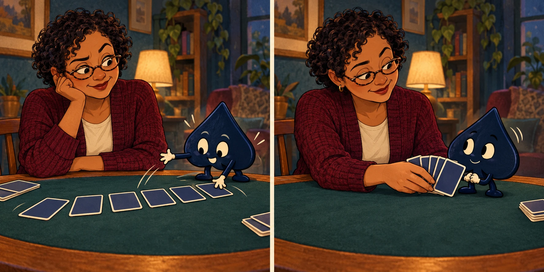 In a two-panel comic, the spade spreads blank-backed cards across the table before June gathers them back into a private fan.