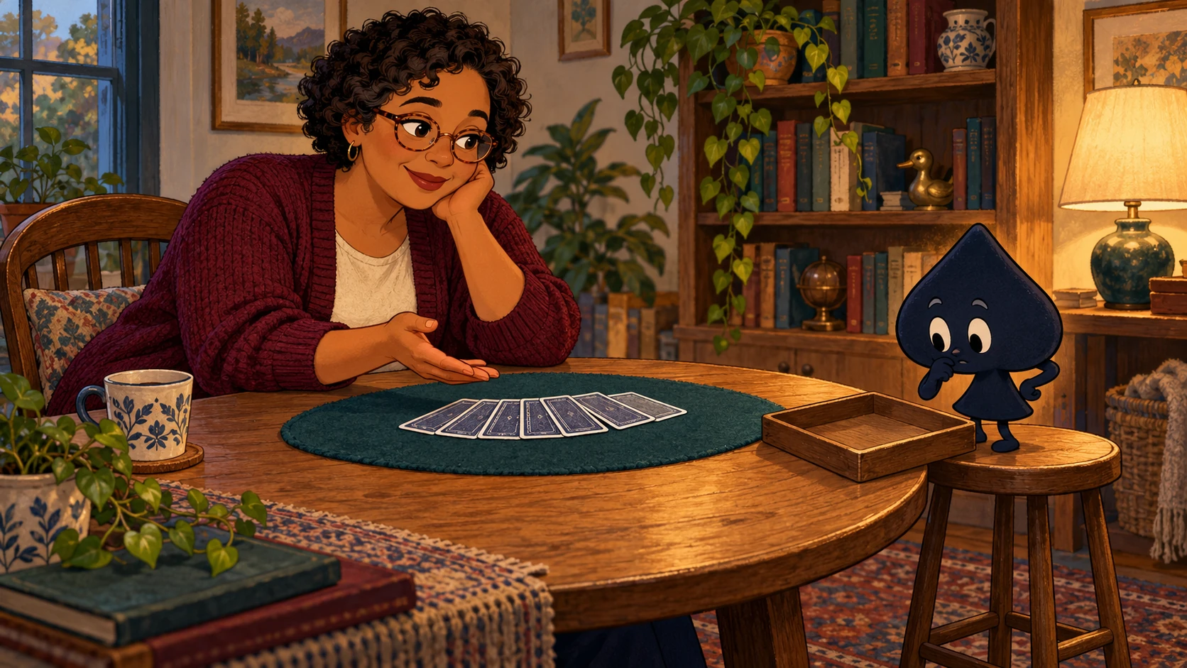 June, a teacher with short dark curls and a burgundy cardigan, welcomes the navy spade to a quiet table with a discard tray.