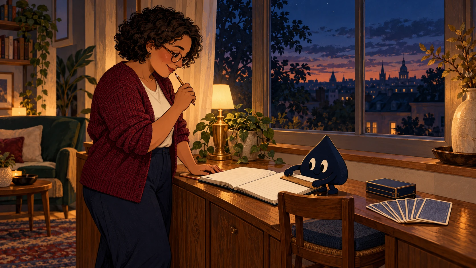 June reviews a notebook beside a window at dusk while the navy spade follows a line with a small ruler.