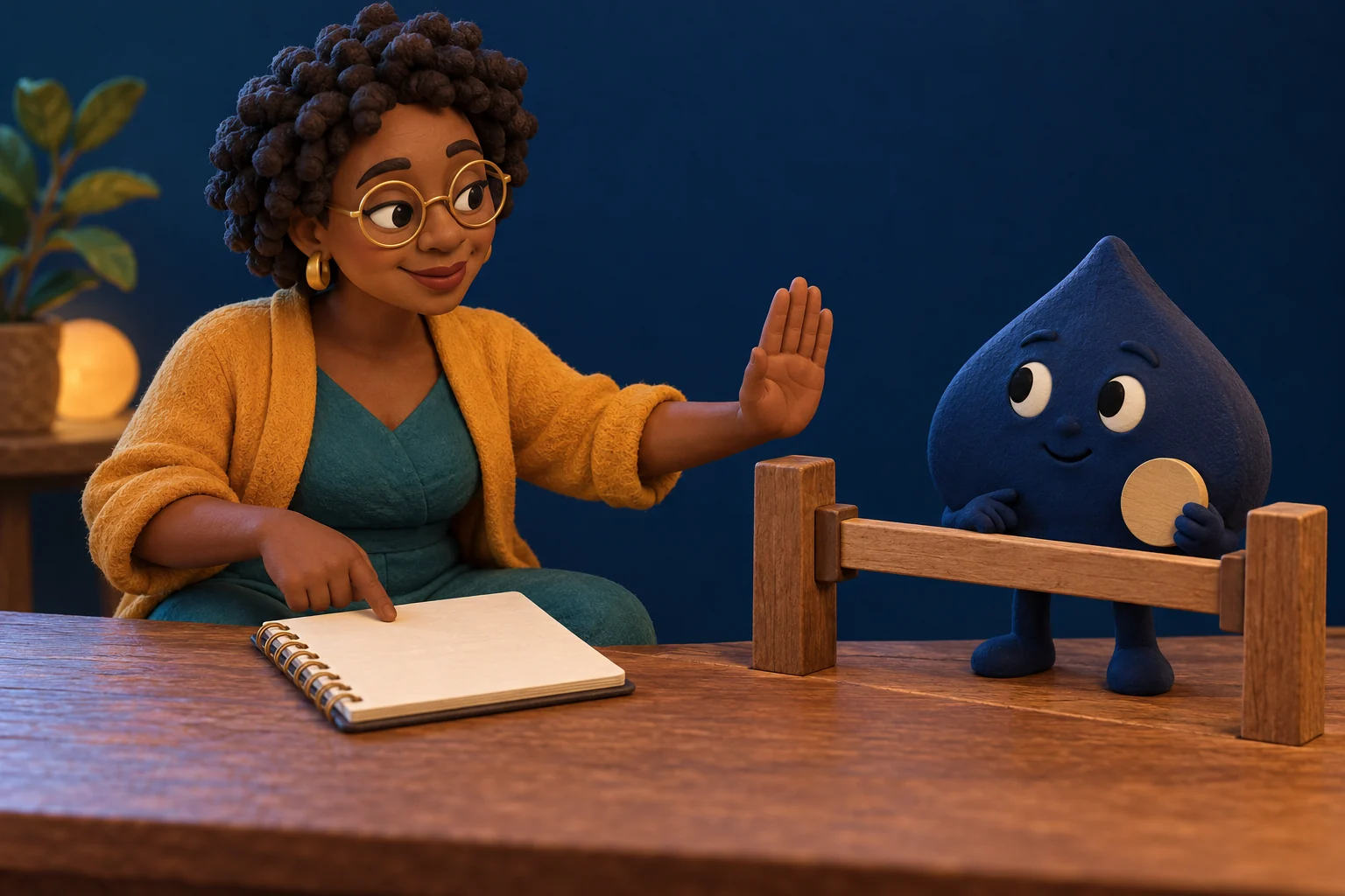 In a clay-and-paper scene, Nia raises a calm open palm beside a wooden stop bar while the spade holds a blank counter.