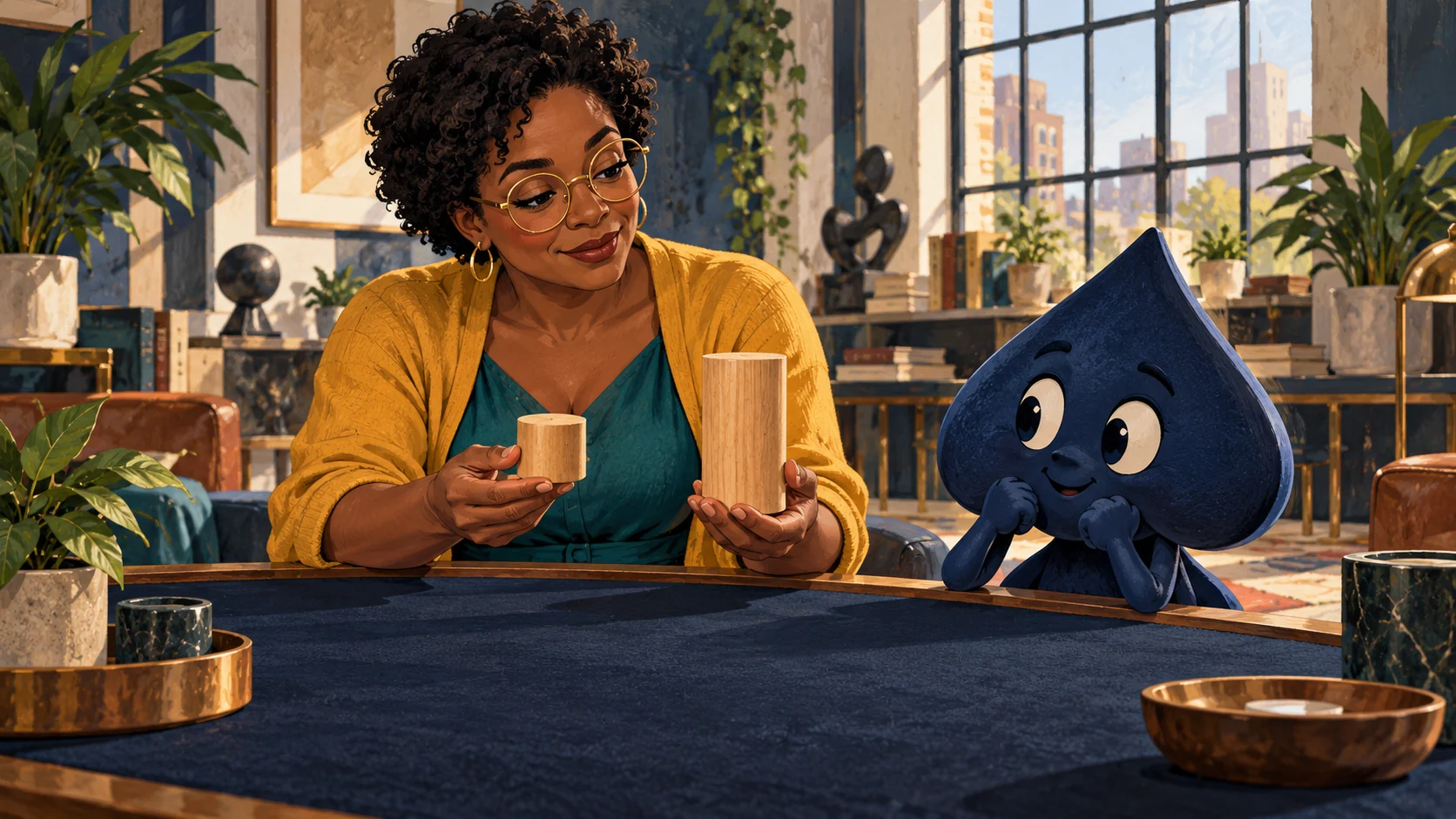 Teacher Nia compares a short and a taller wooden cylinder while Ace the HPD spade watches at a felt table.