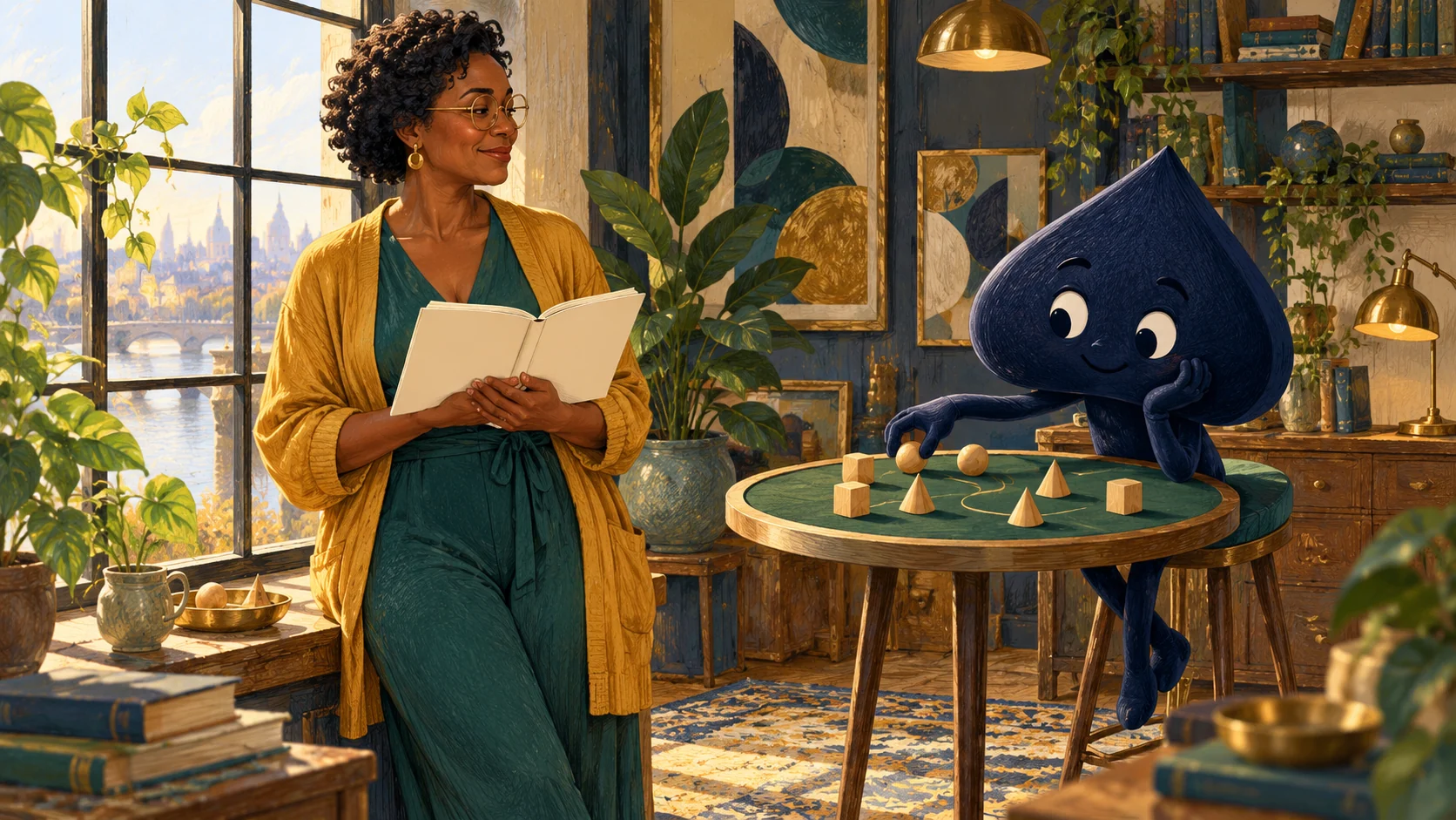 Nia holds a blank notebook near a studio window while the navy spade rehearses with unmarked wooden pieces at a small table.
