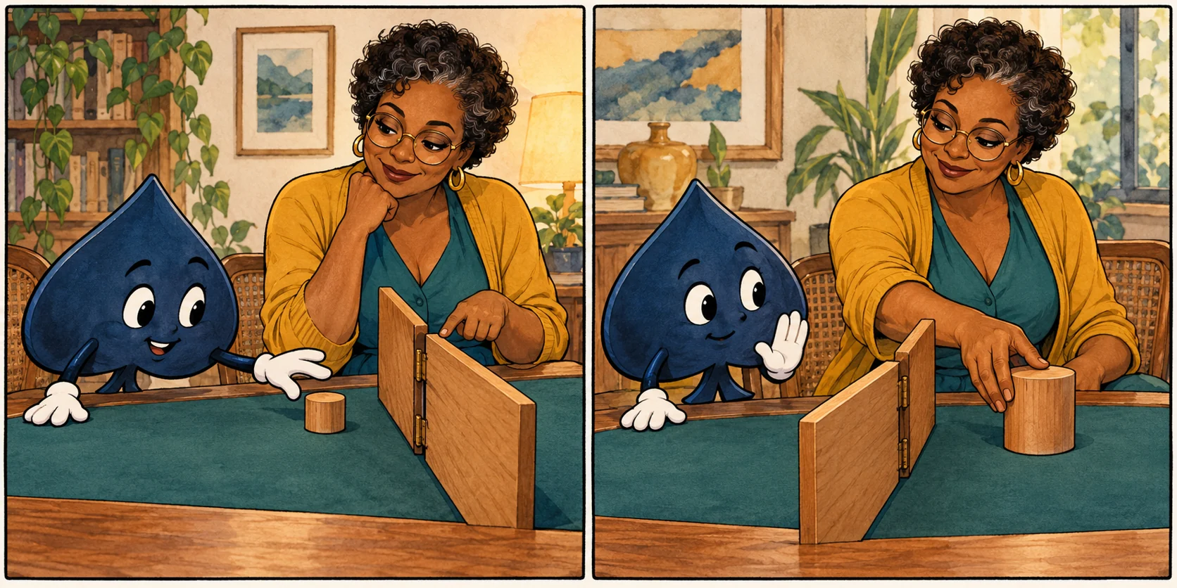 Two-panel comic: the spade reaches toward a small wooden cylinder, then pauses as Nia brings a larger cylinder across a divider.